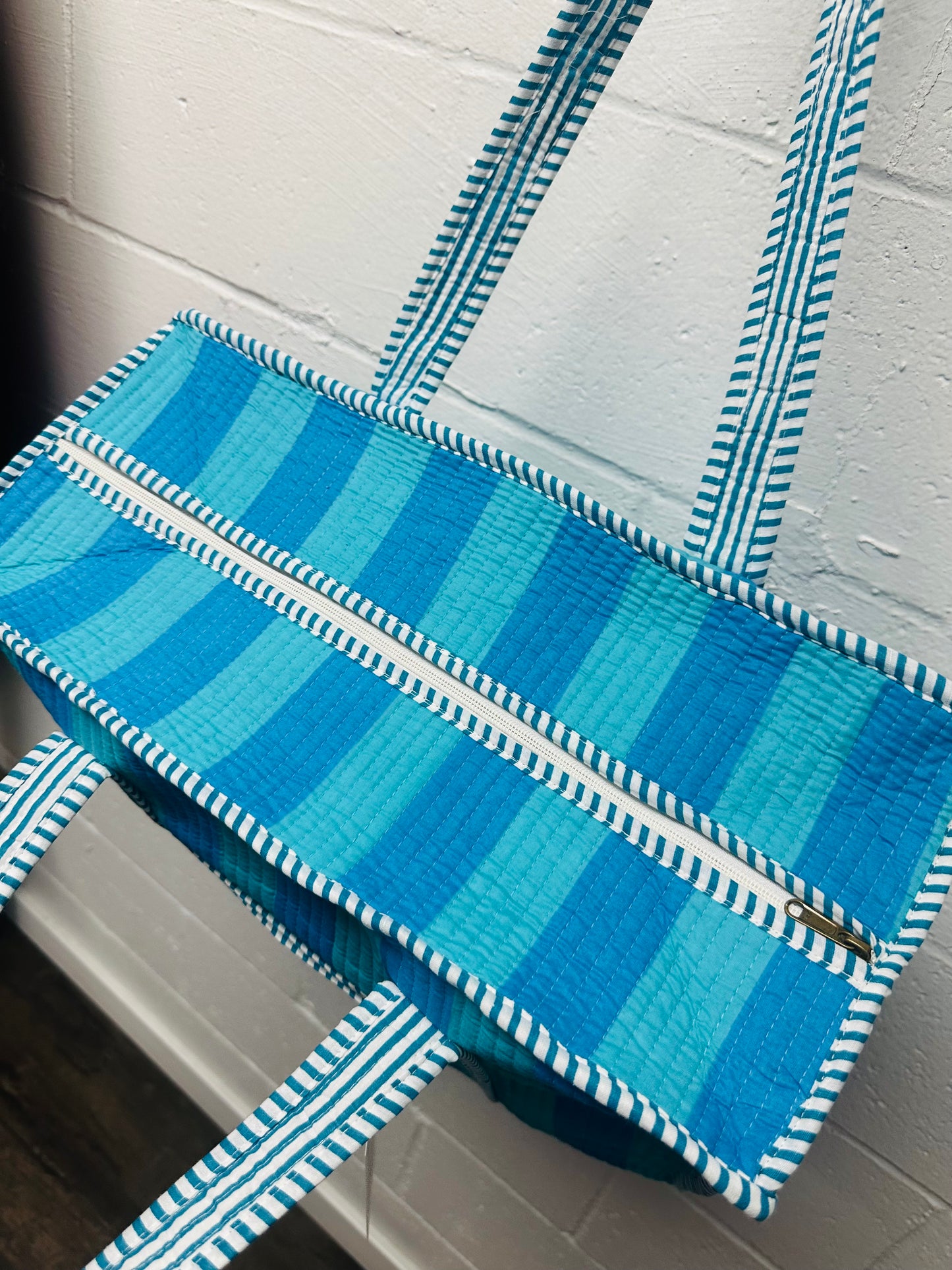 The Blue Oasis Striped Quilted Tote Bag