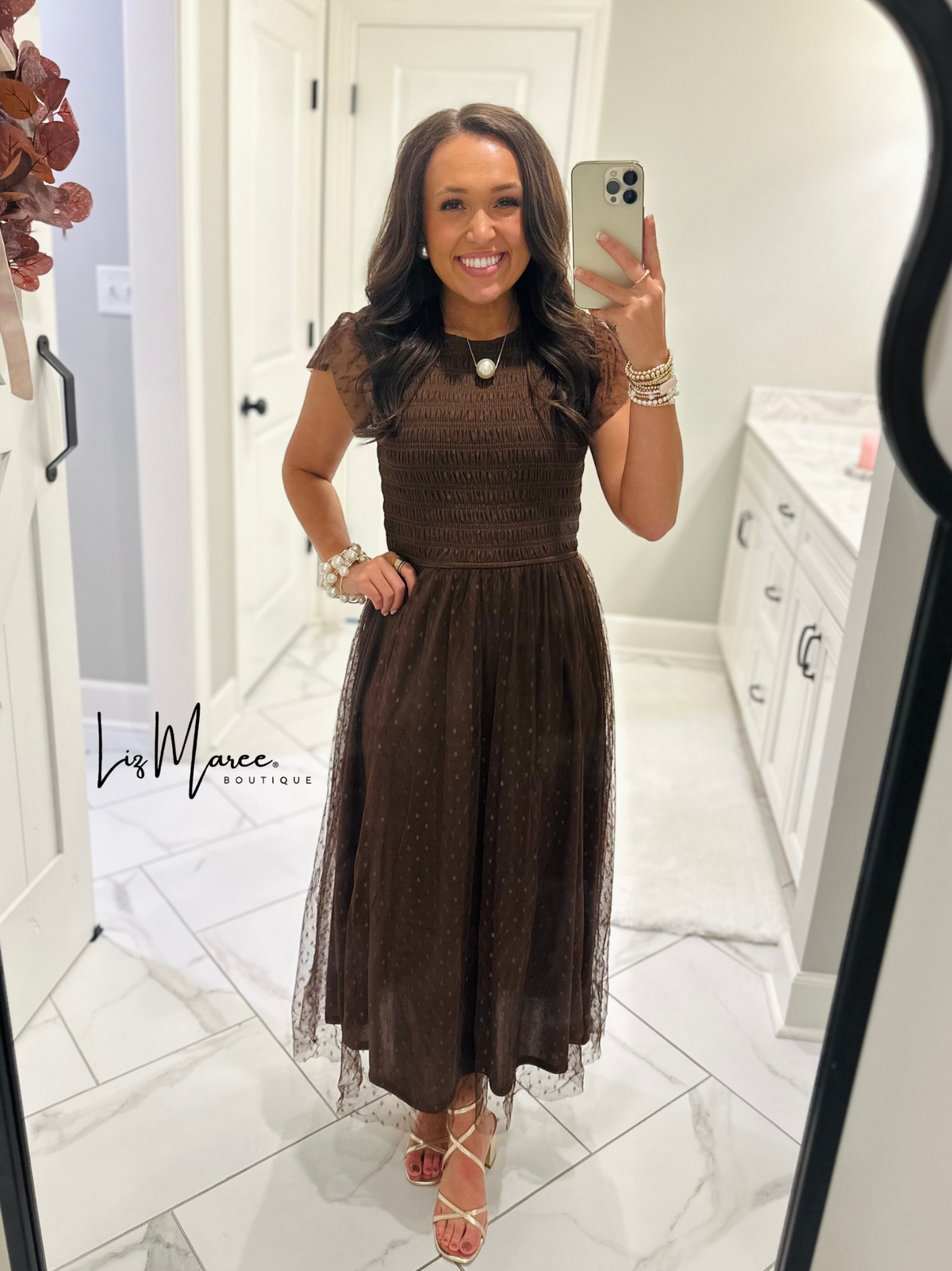 The Autumn Brown Polka Dot Chiffon Midi Dress