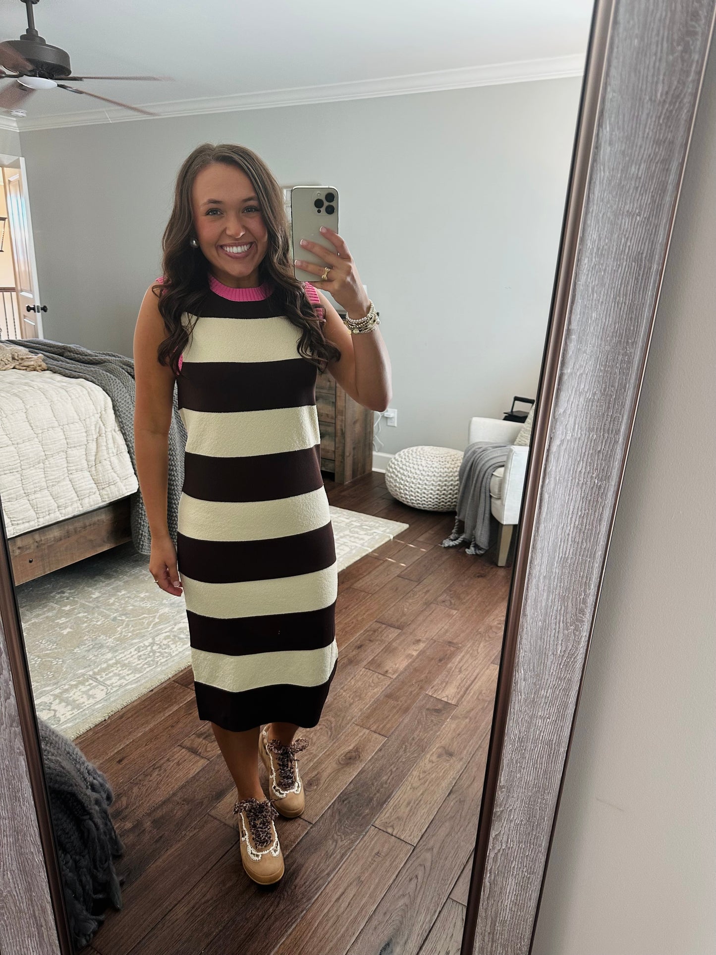 The Everlee Pink + Cream Striped Knit Midi Dress