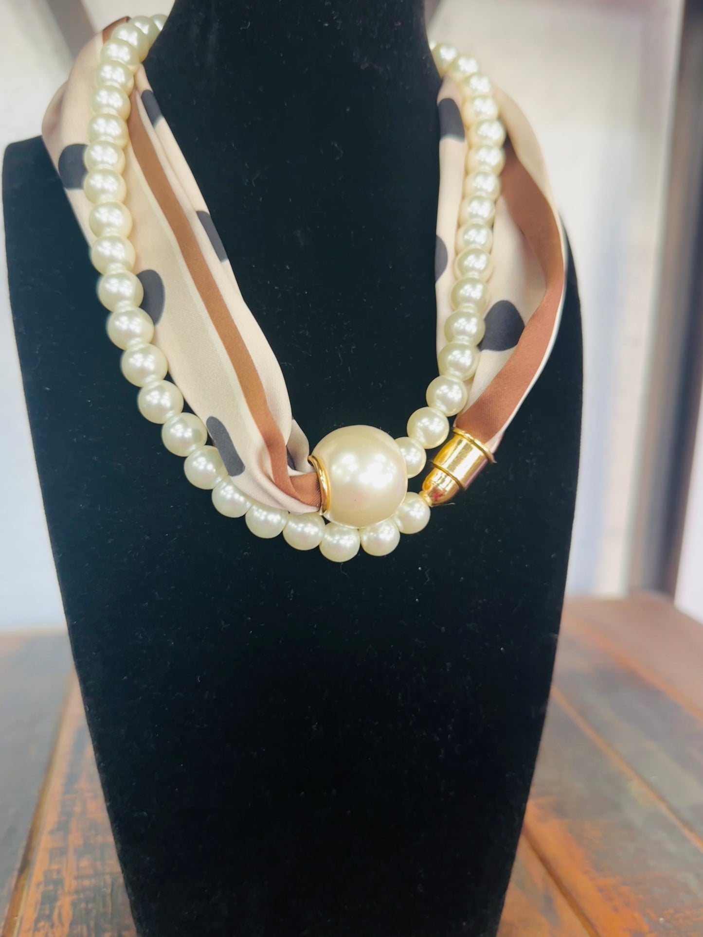Brown + Cream Polkadot Pearl Layered Scarf Necklace