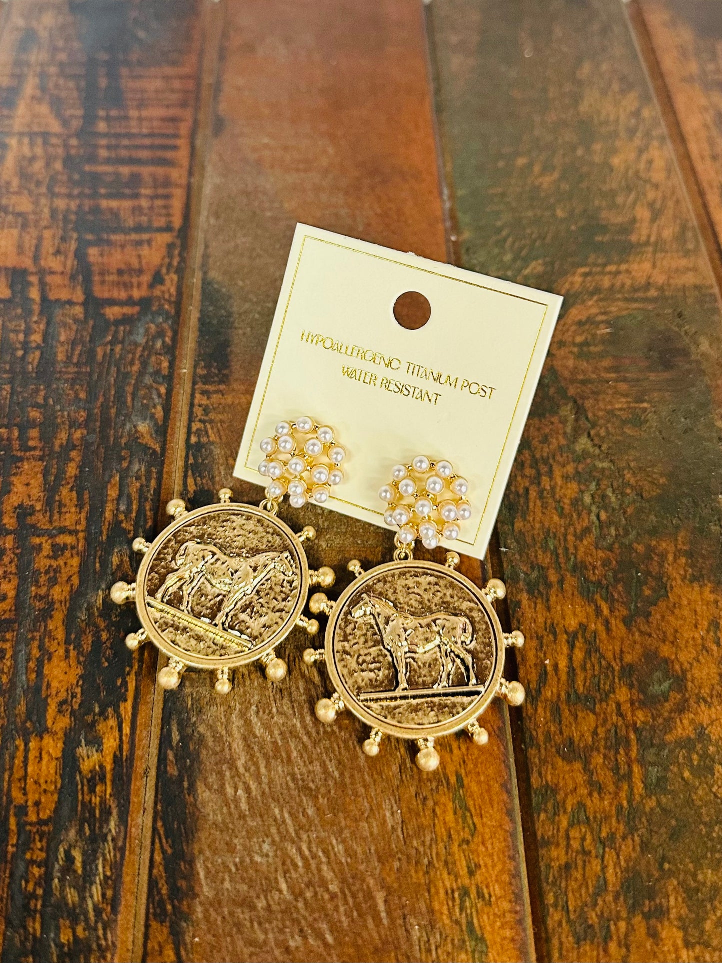 Gold Horse Coin & Pearl Drop Earrings