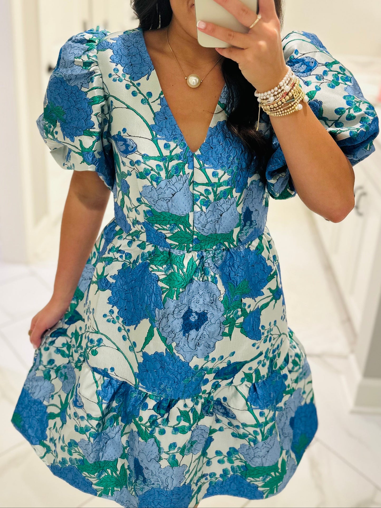 The Willa Blue Floral Jacquard Dress