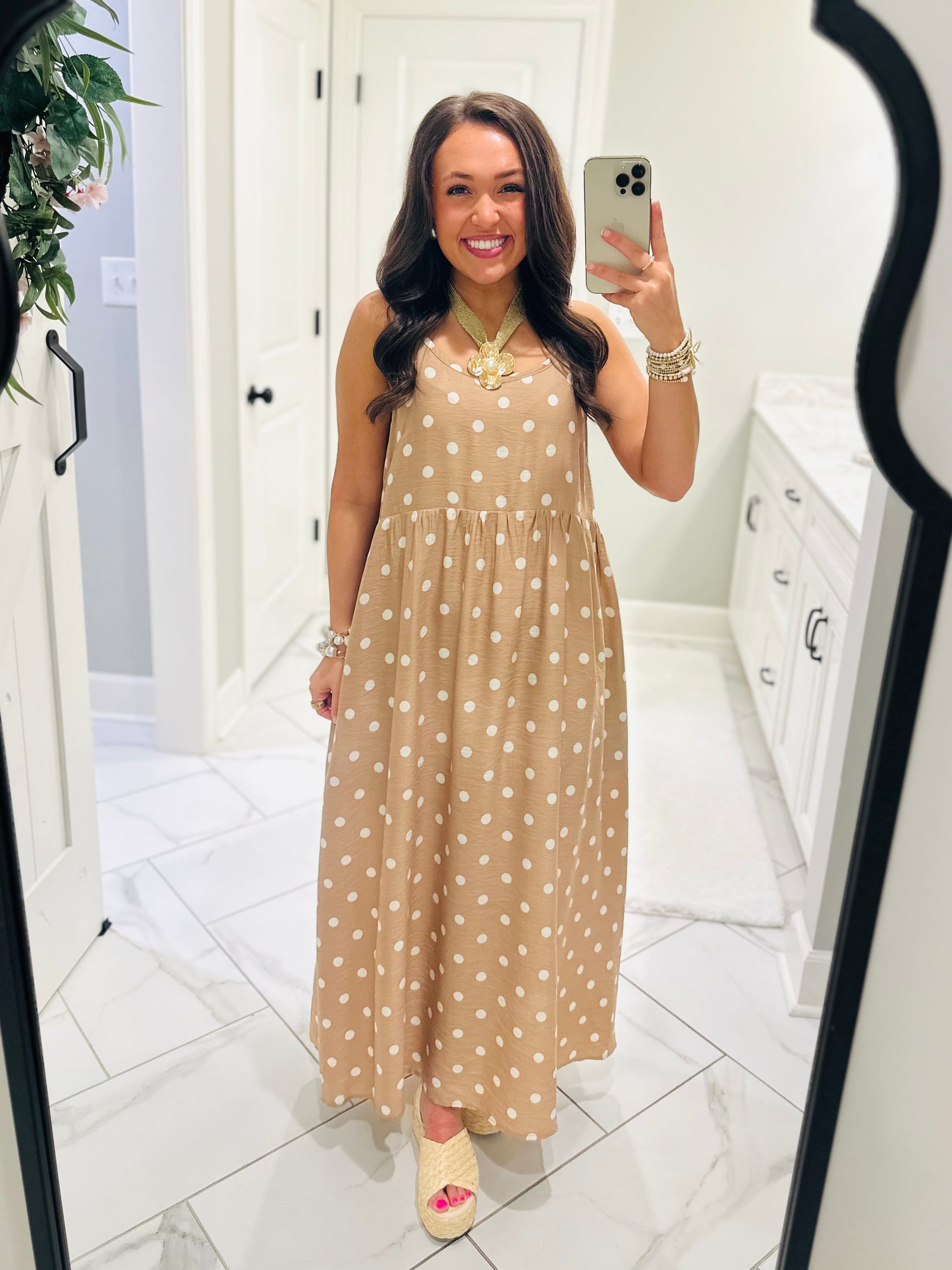 The Lennon Cream Tan Layered Polka Dot Midi Dress