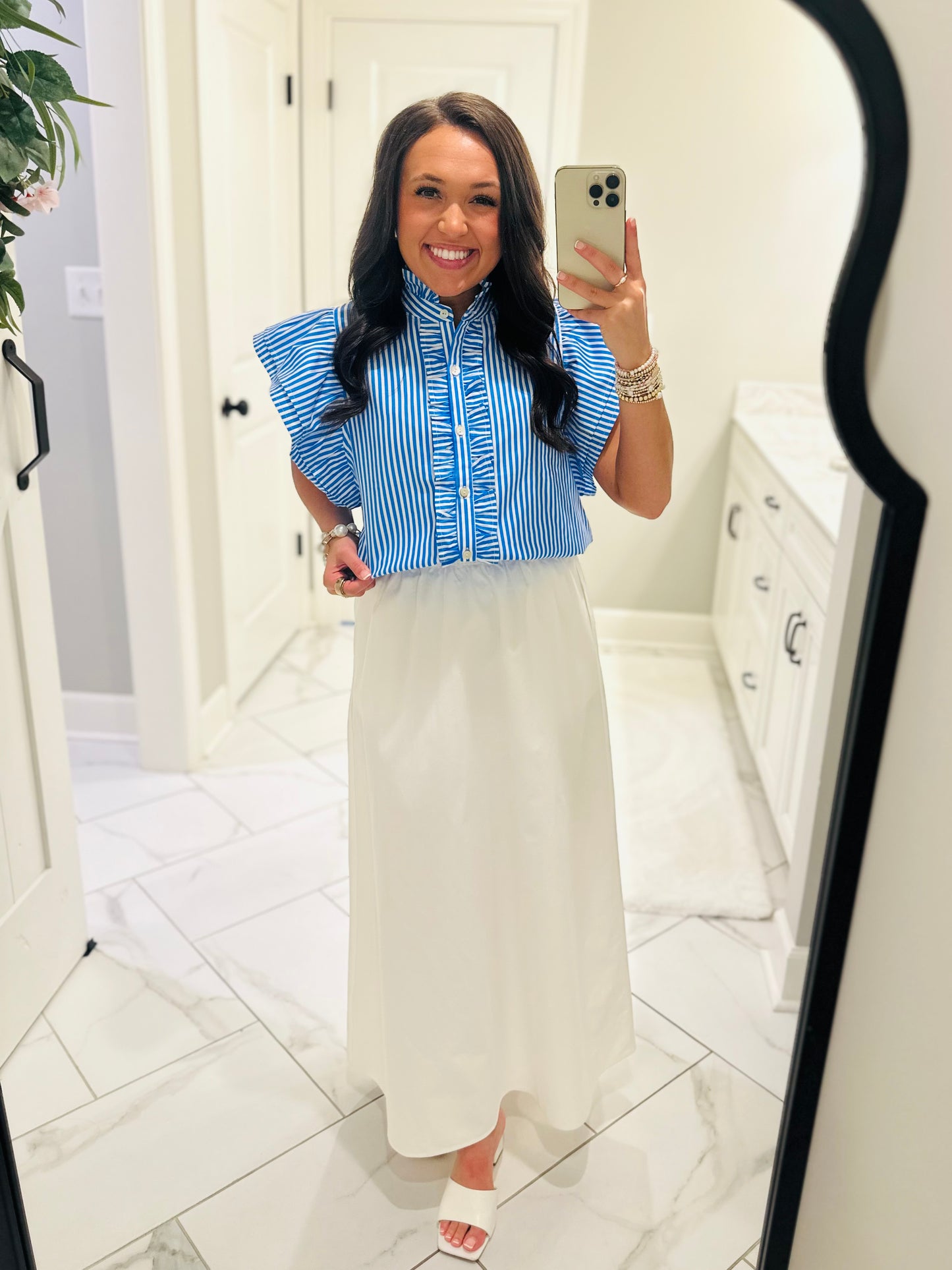 The Virginia Blue Striped Ruffle Top