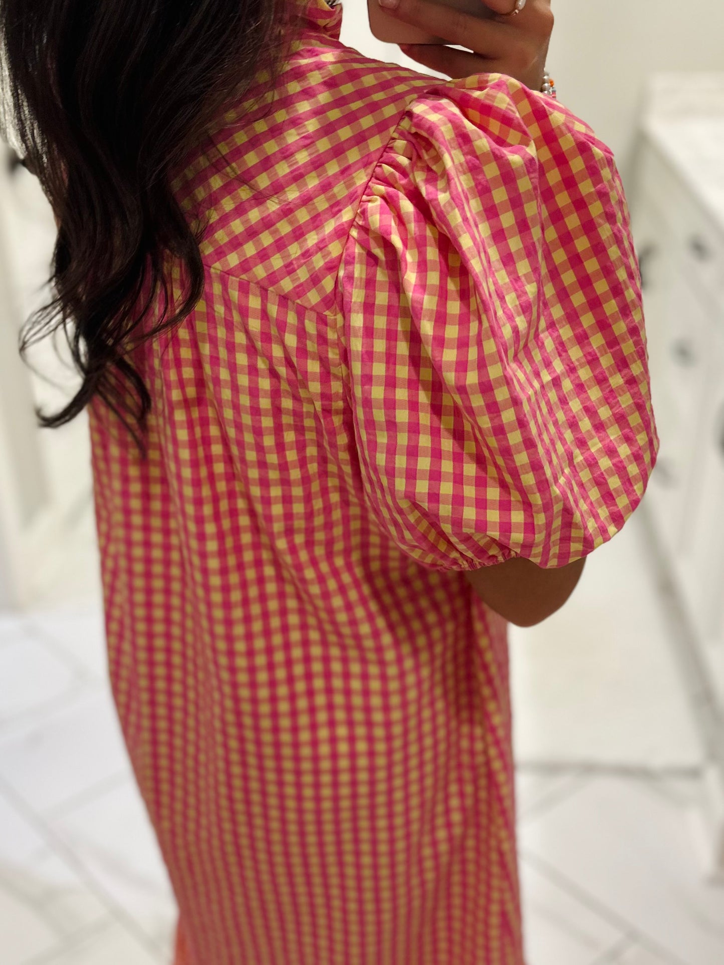The Emilee Pink + Yellow Gingham Midi Dress