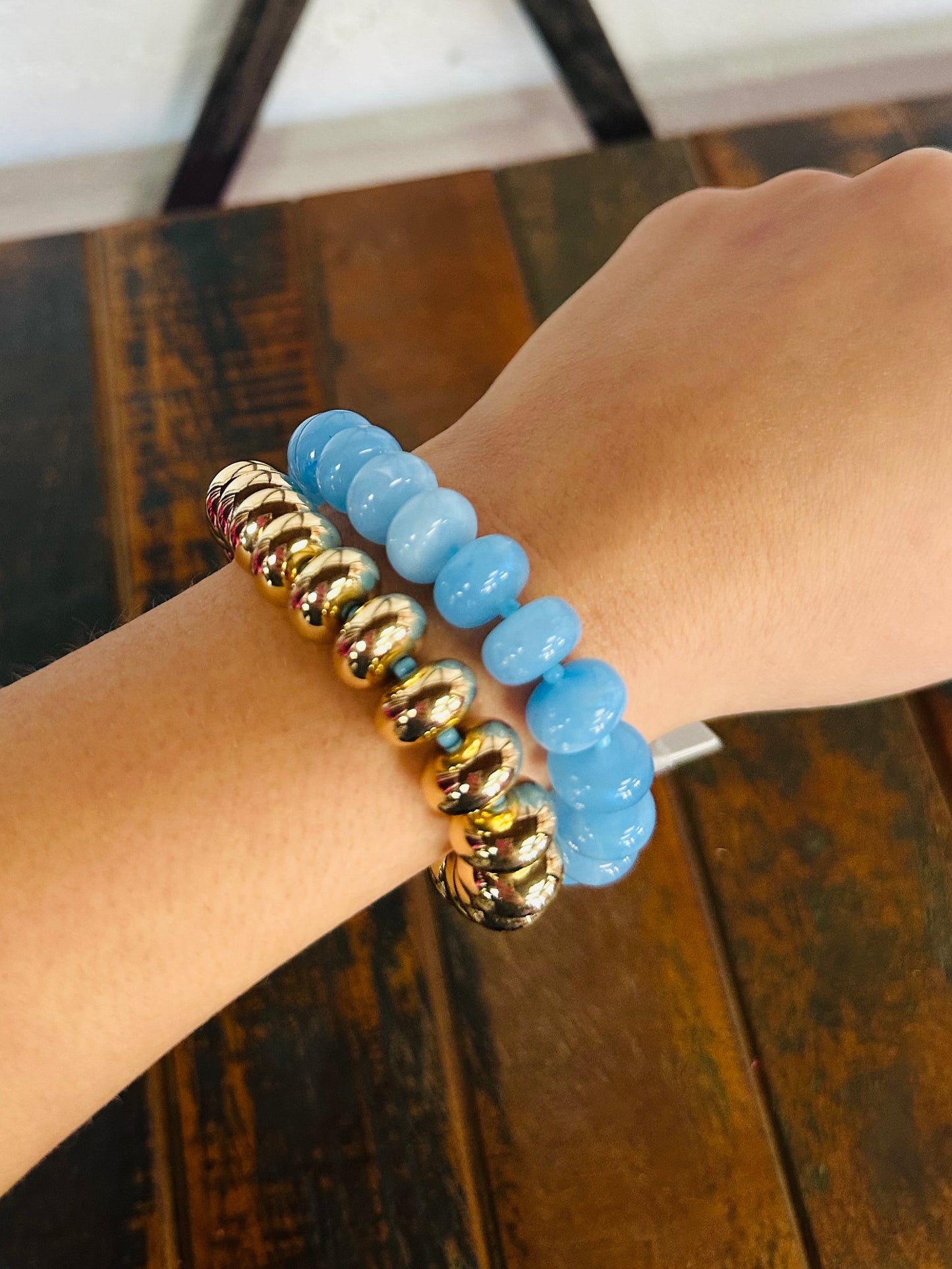 Blue + Gold Chunky Marble Bracelet Set