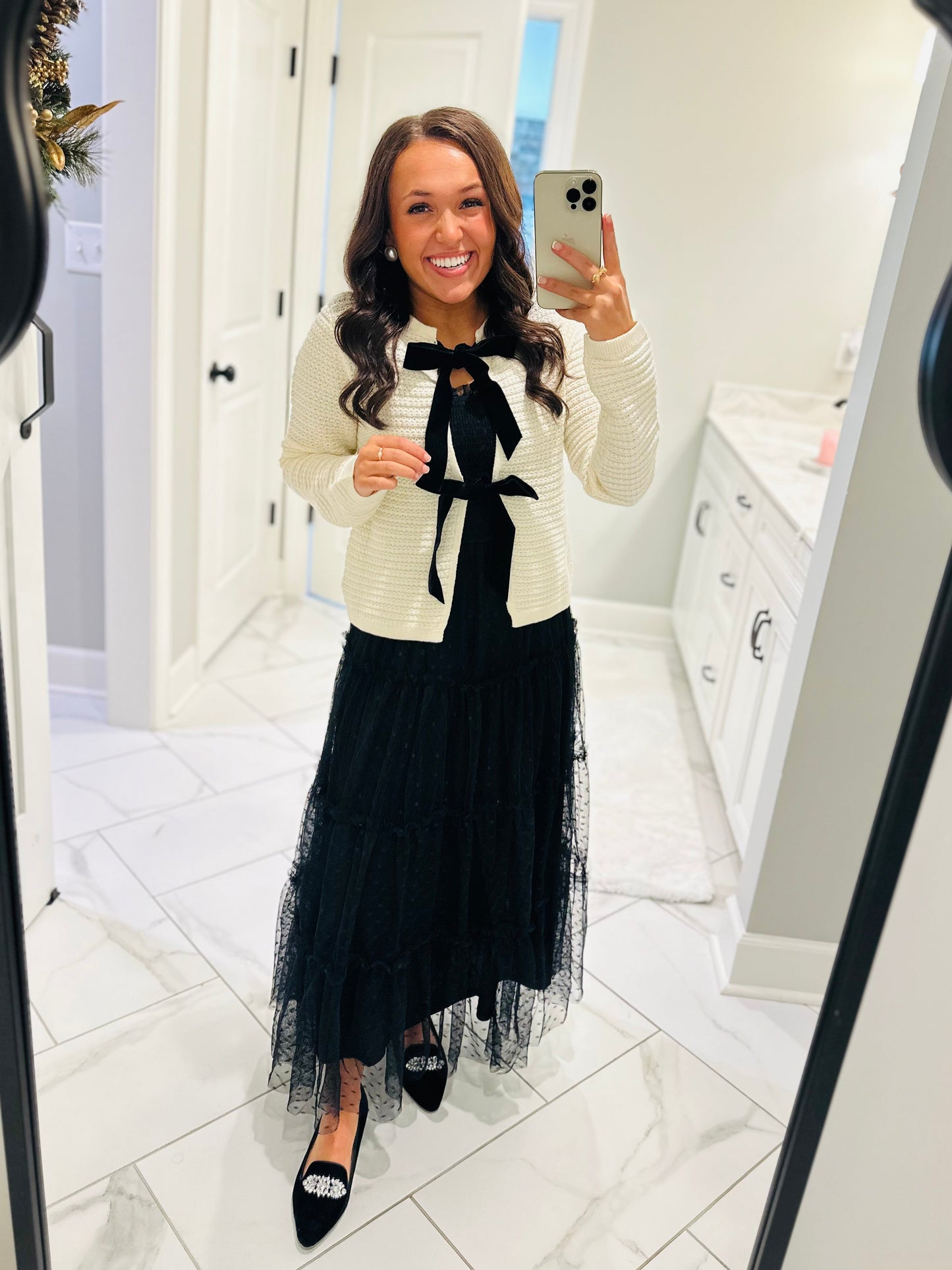 The Sofia Cream + Black Velvet Bow Cardigan