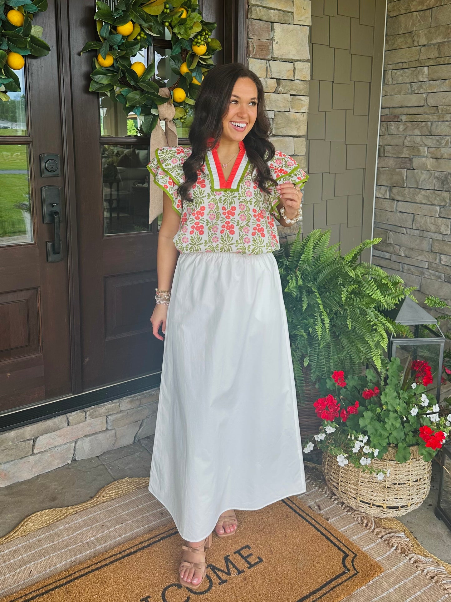 The Cora Green + Coral Floral Top
