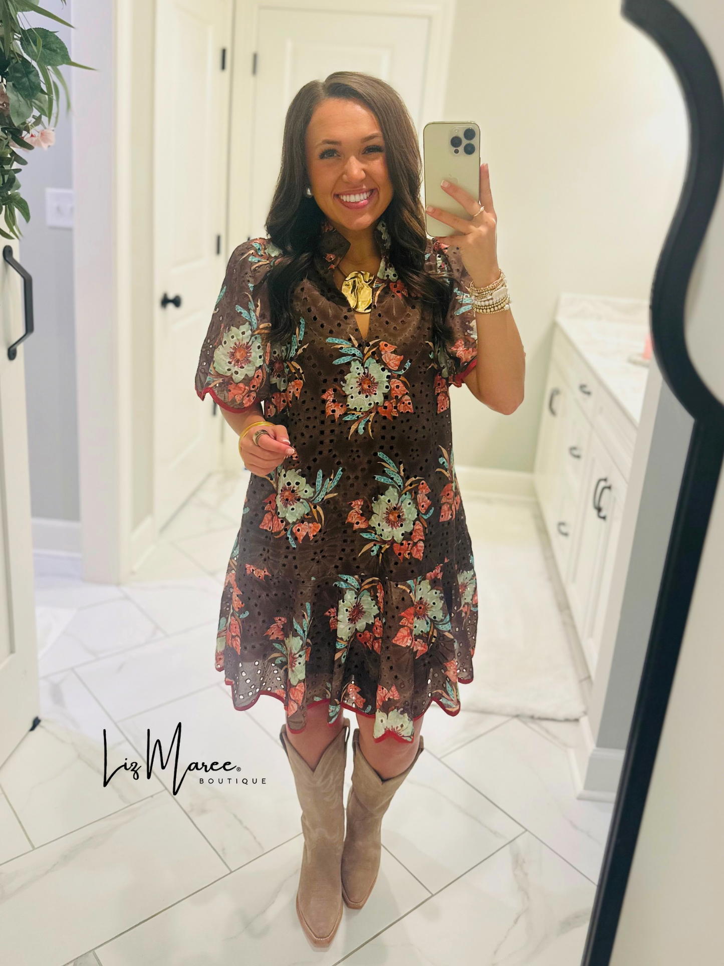 The Brinley Brown Floral Eyelet Scallop Dress