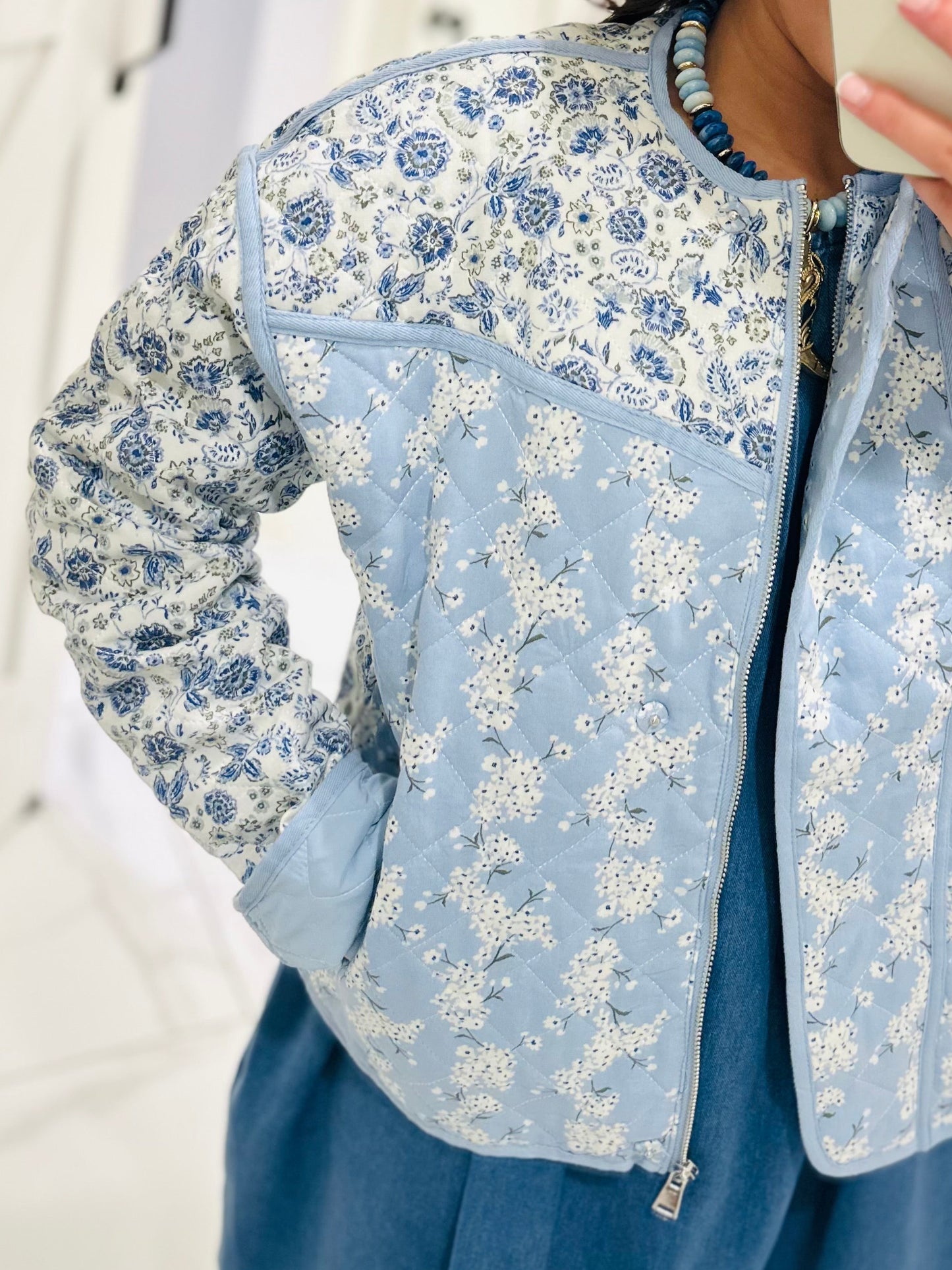 The Amelia Blue Floral Quilted Jacket