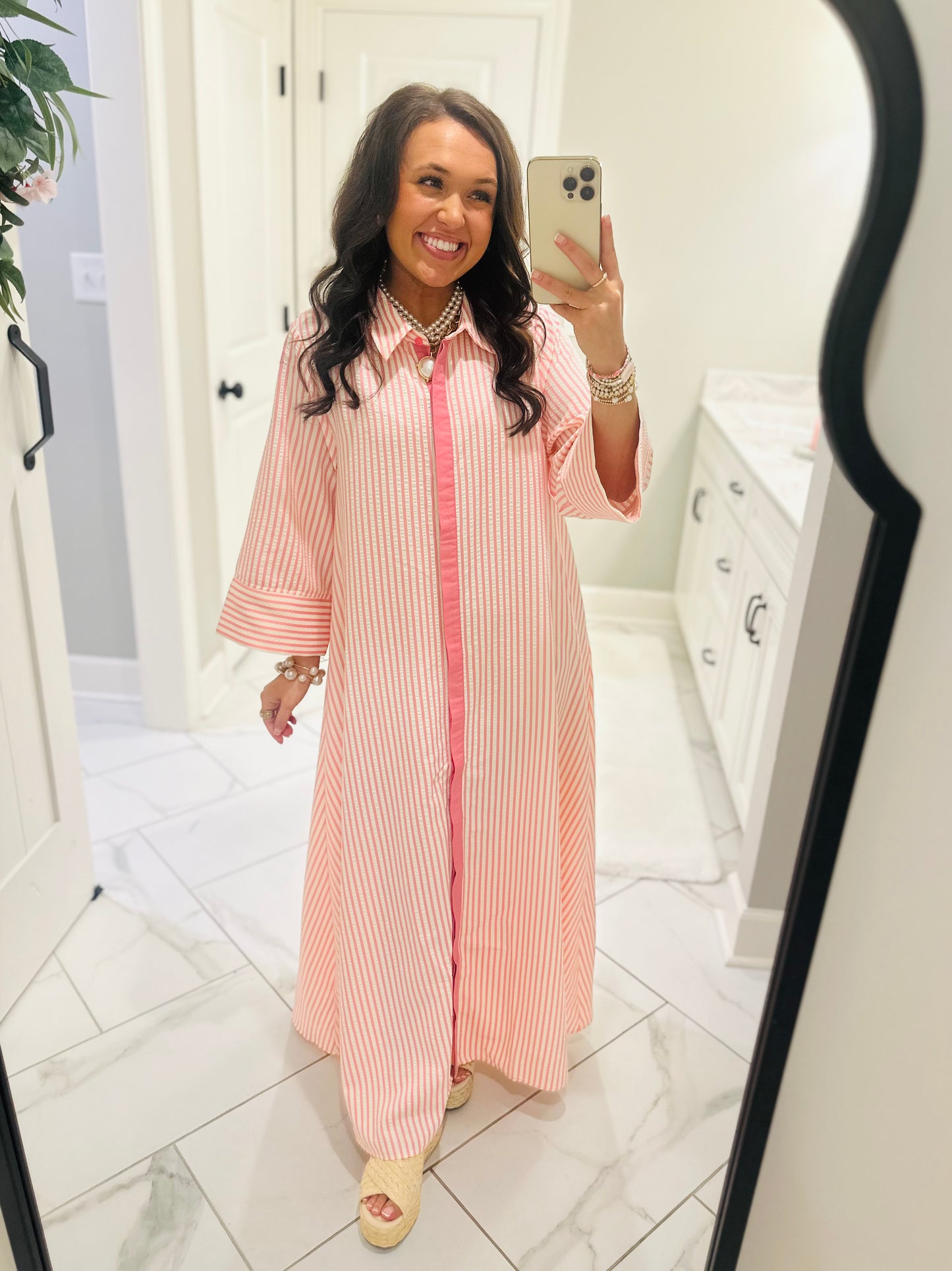 The Nora Pink Striped Midi Dress