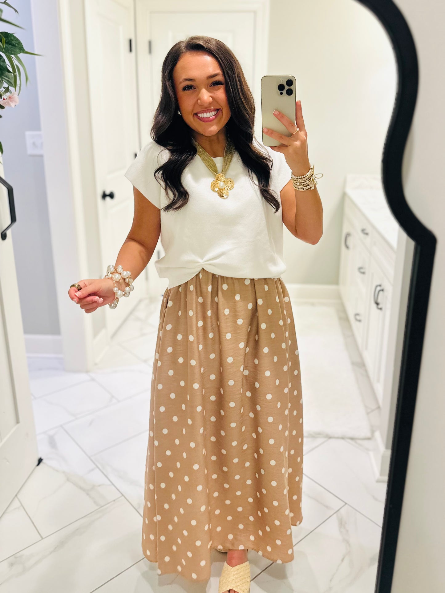 The Lennon Cream Tan Layered Polka Dot Midi Dress