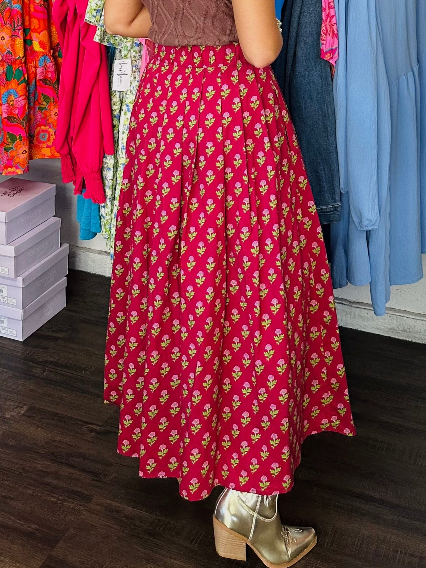 The Austin Burgundy Floral Midi Skirt