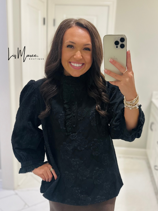 The Brynn Black Jacquard Floral Top
