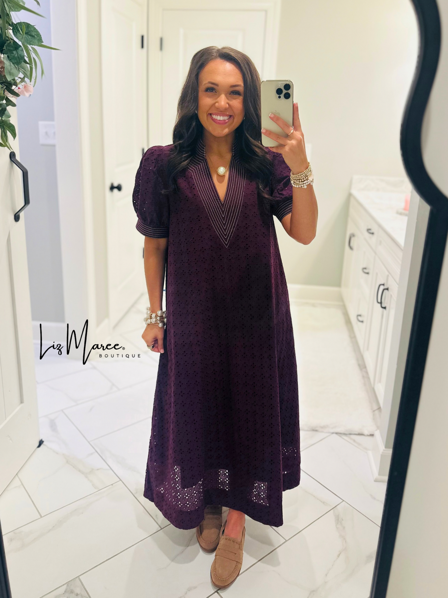 The Adley Merlot Eyelet Midi Dress