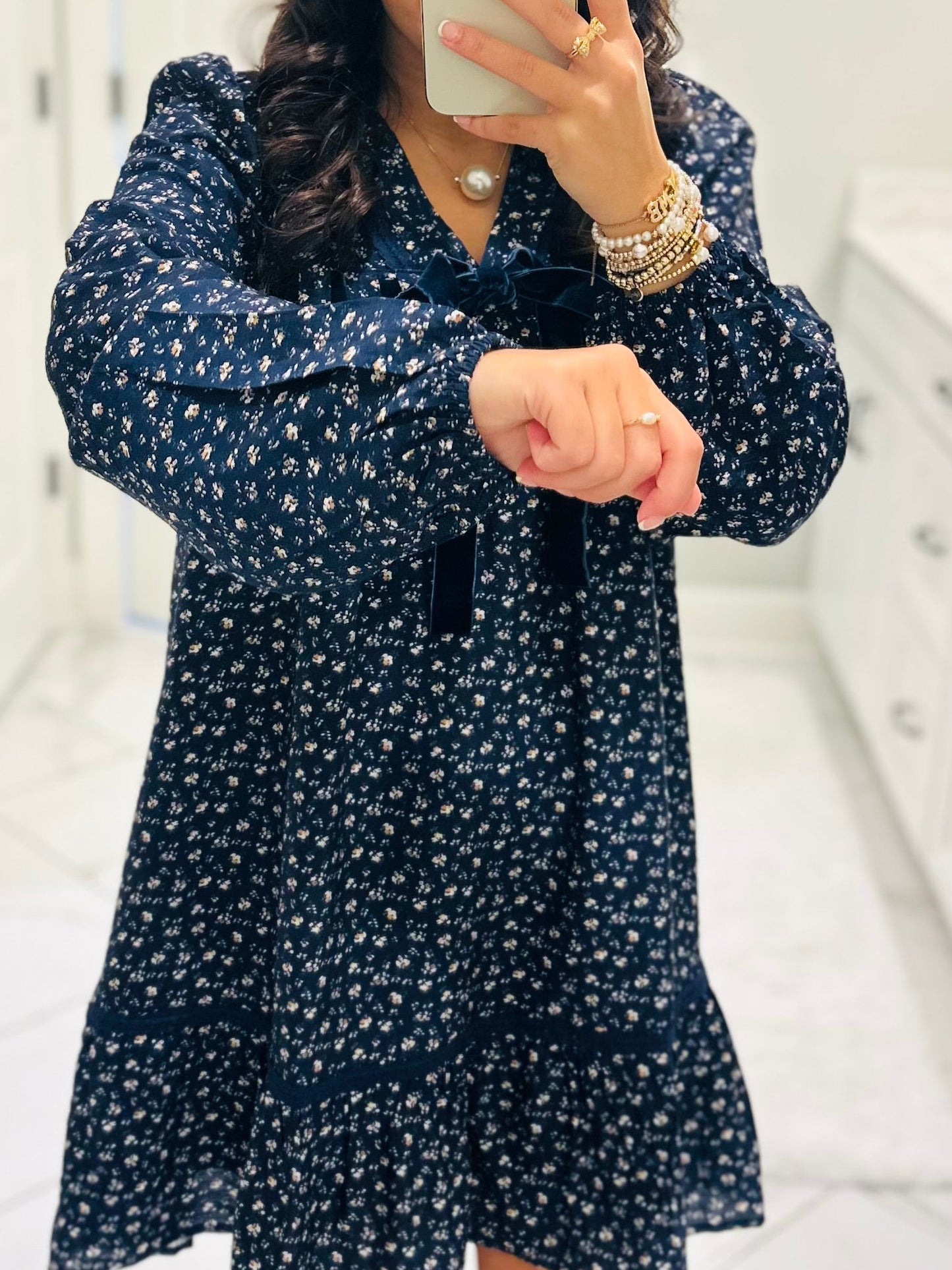 The Rhea Navy Floral Long Sleeve Bow Detail Dress