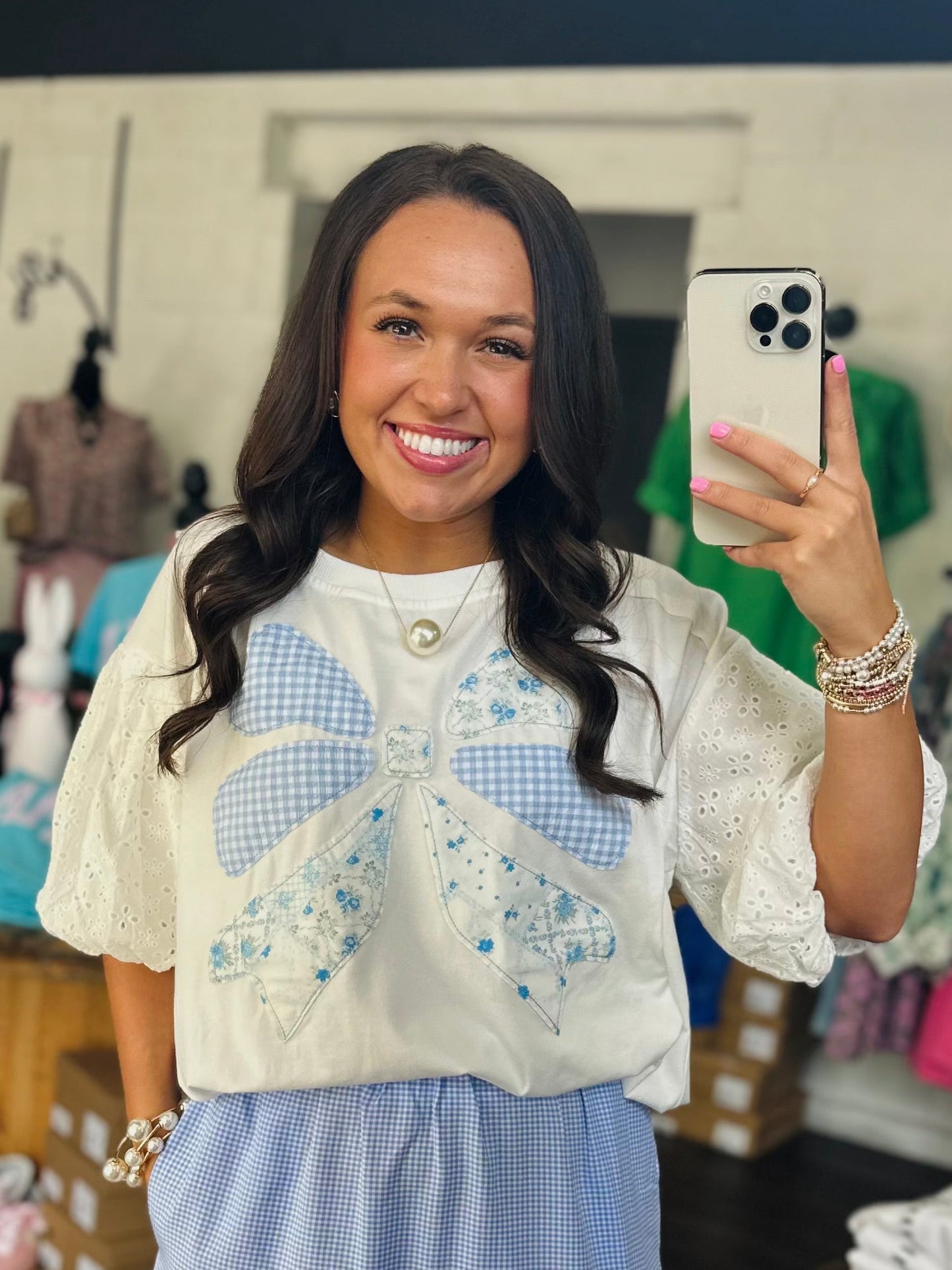 The Brylee Blue Bow Patchwork Top