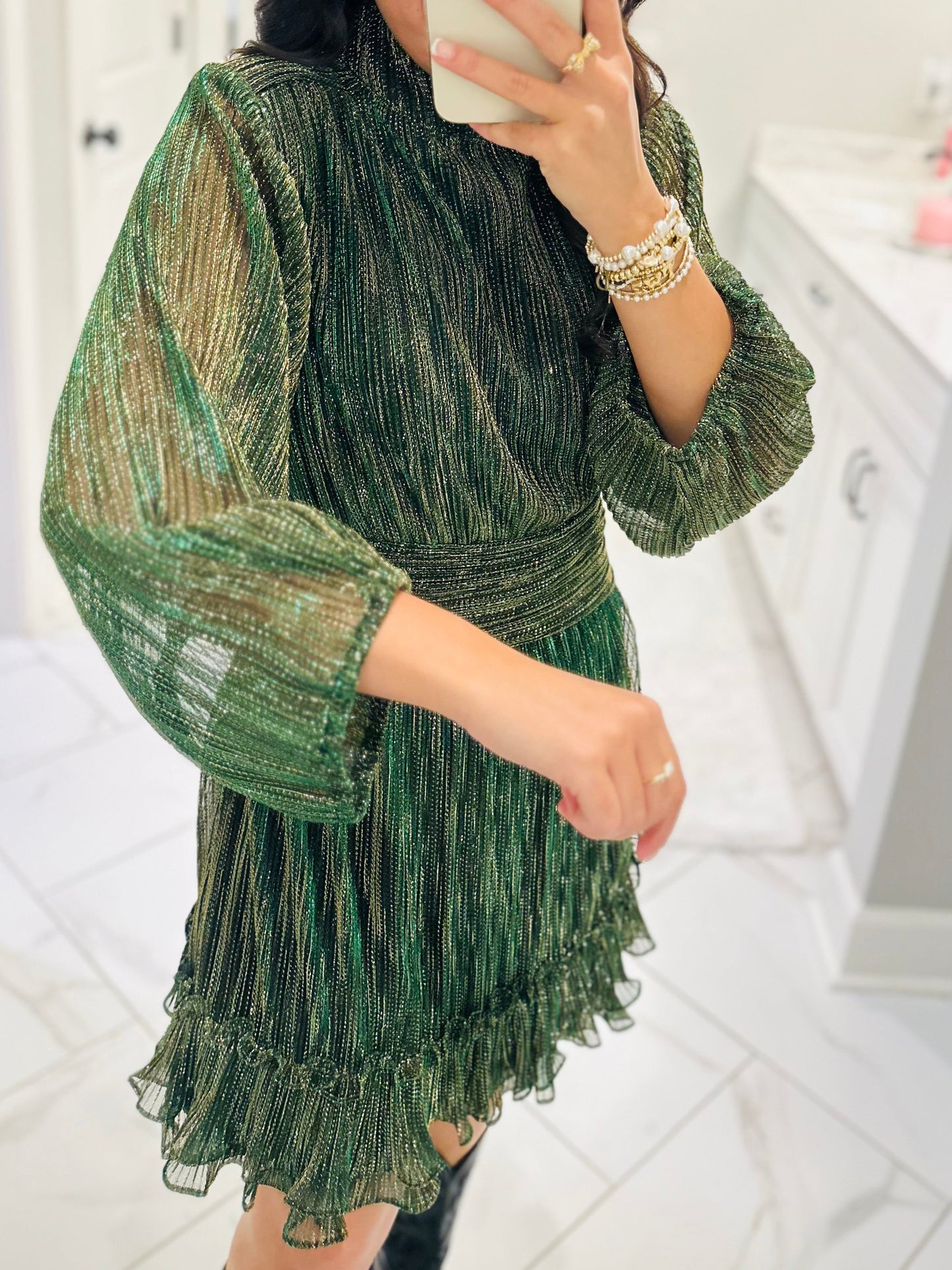 The Dasher Emerald Green Shiny Ruffle Dress