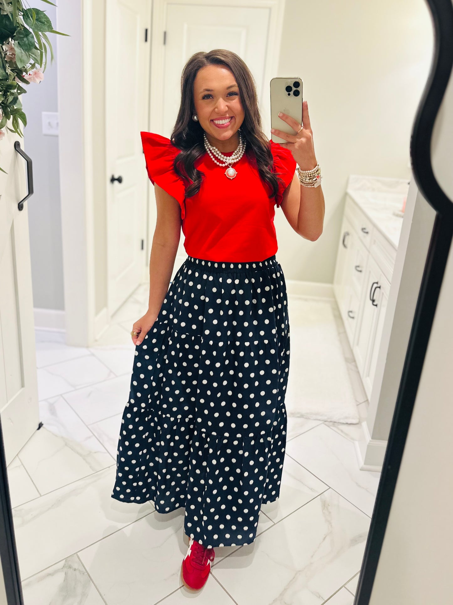 The Nanci Navy Polka Dot Tiered Midi Skirt