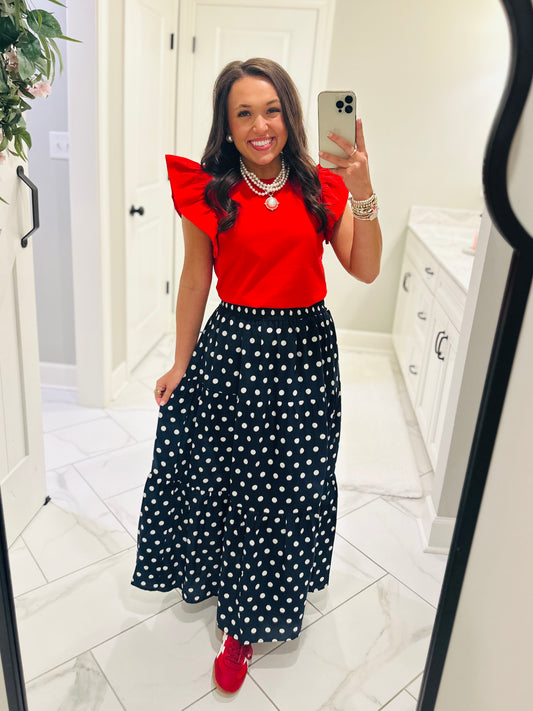 The Nanci Navy Polka Dot Tiered Midi Skirt
