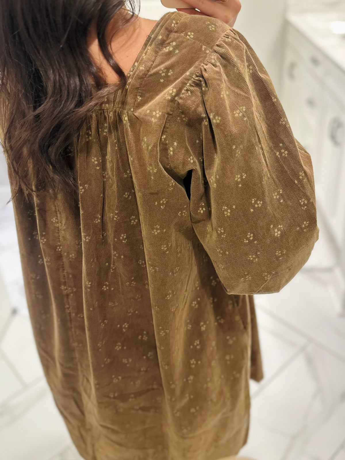 The Cassie Dark Camel Floral Corduroy Dress