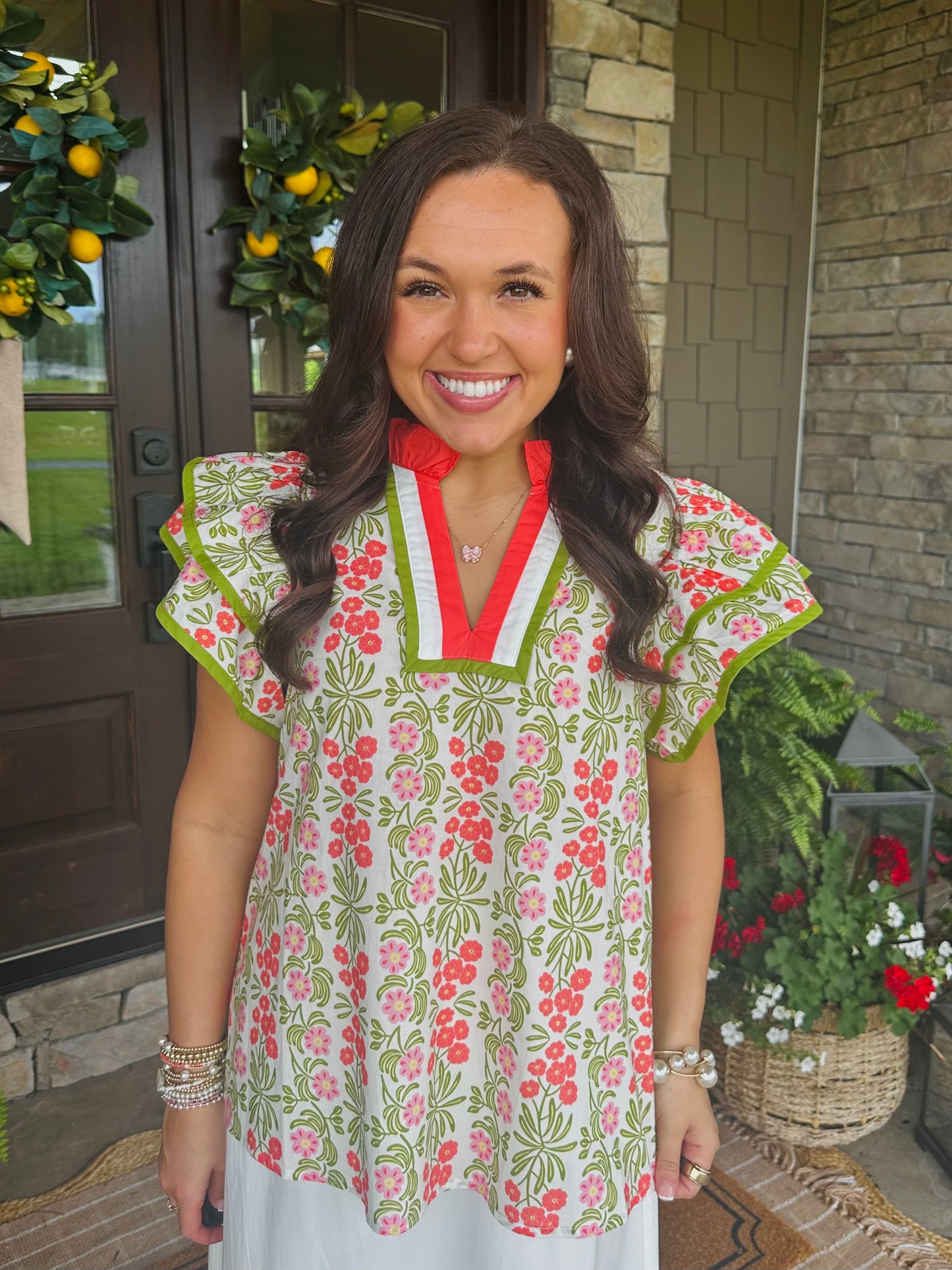 The Cora Green + Coral Floral Top