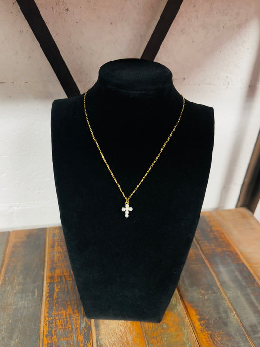 Dainty Pearl Cross Necklace