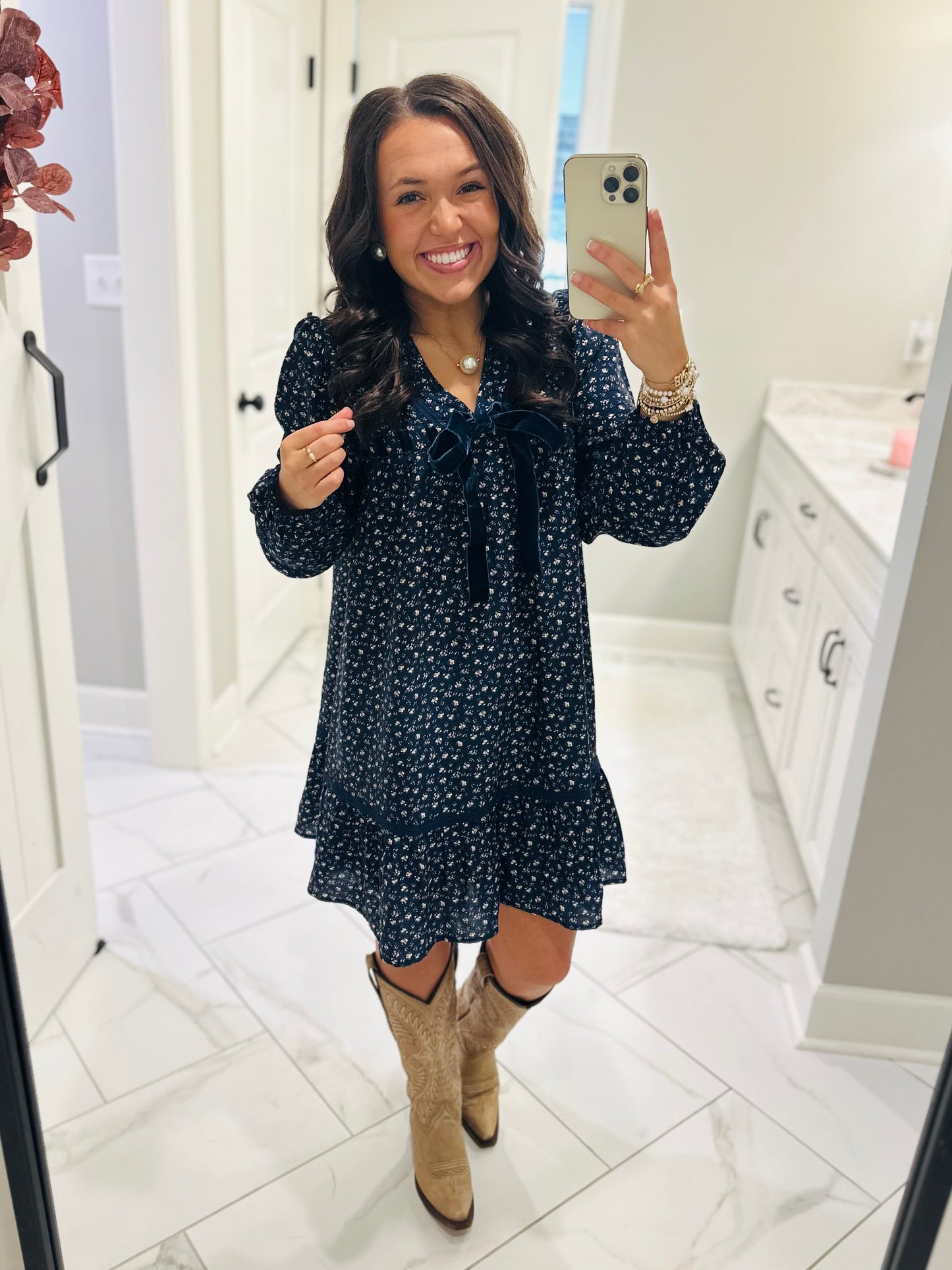 The Rhea Navy Floral Long Sleeve Bow Detail Dress