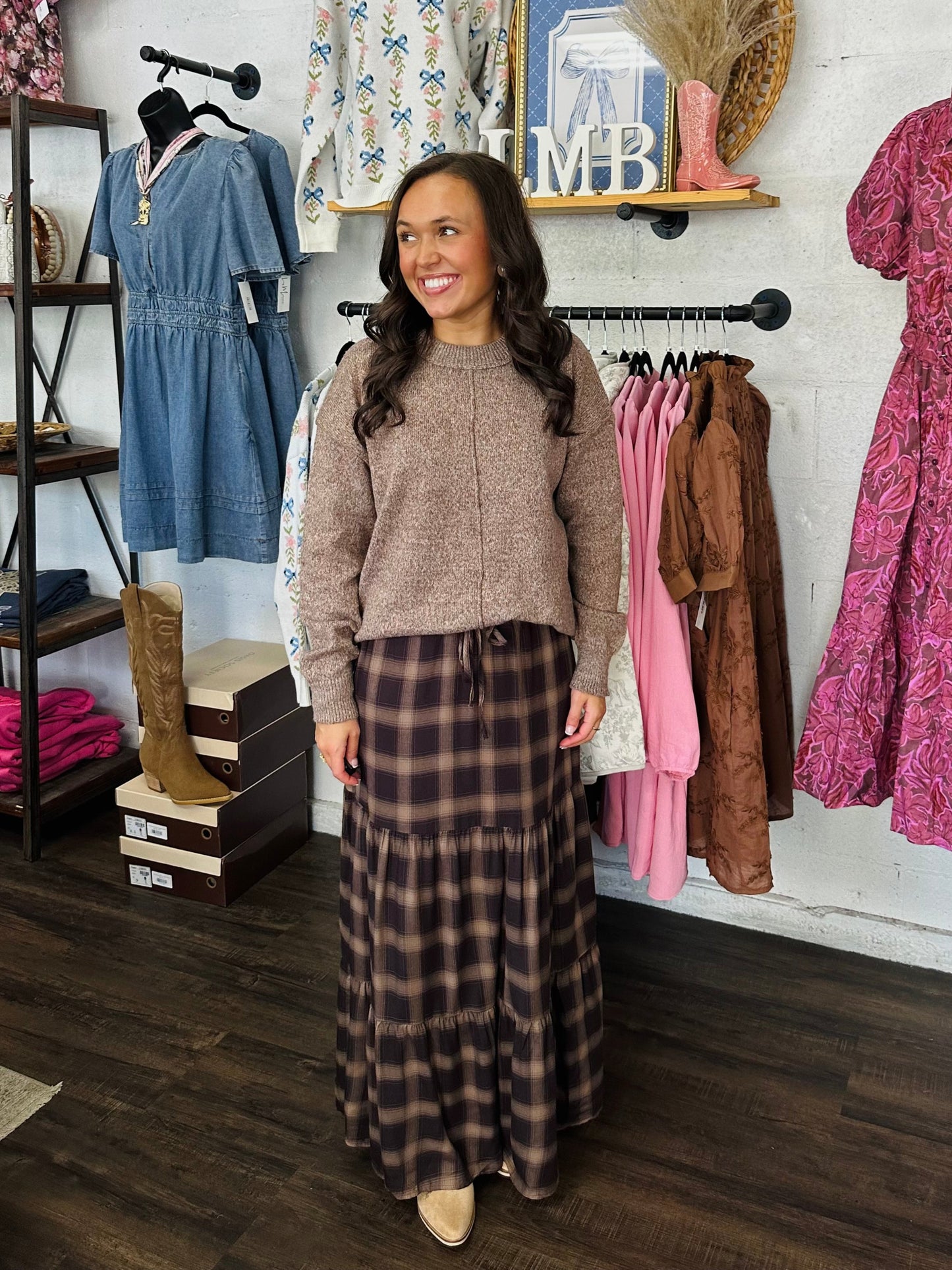 The Ember Brown Plaid Tiered Maxi Skirt