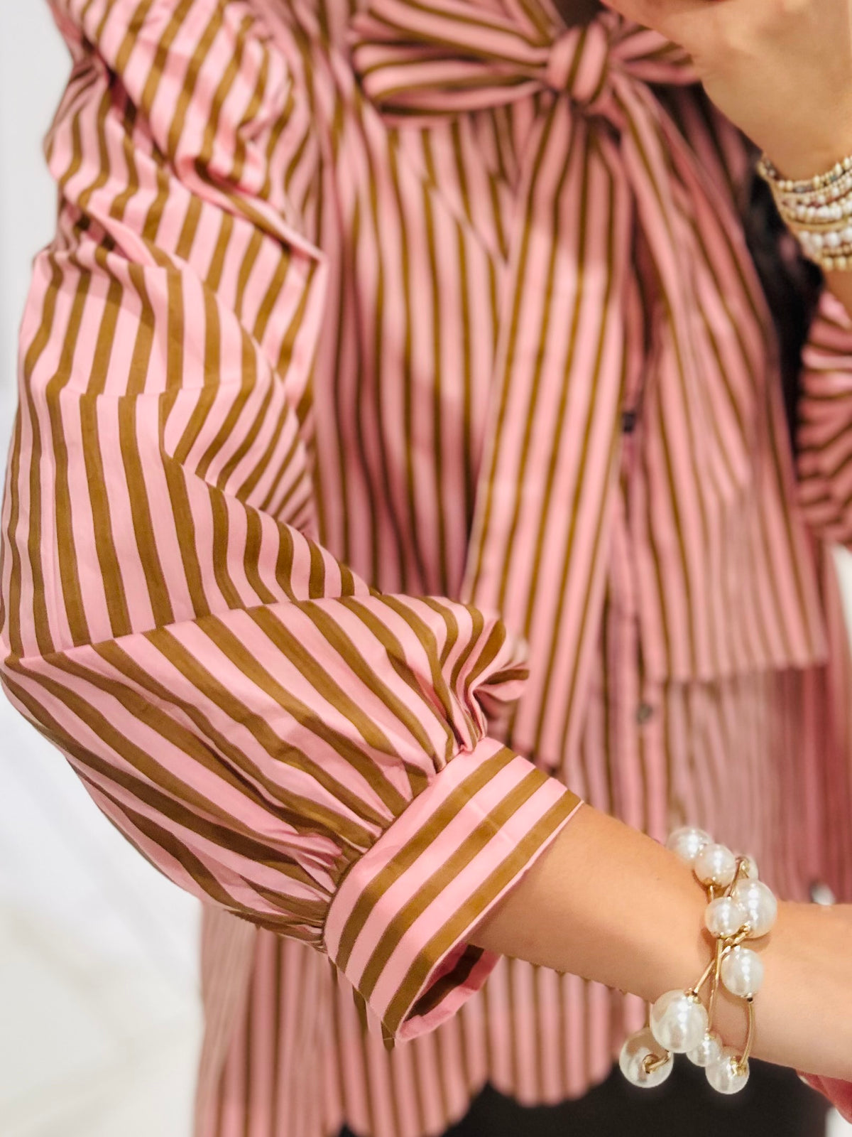 The Shelby Pink + Brown Striped Bow Top