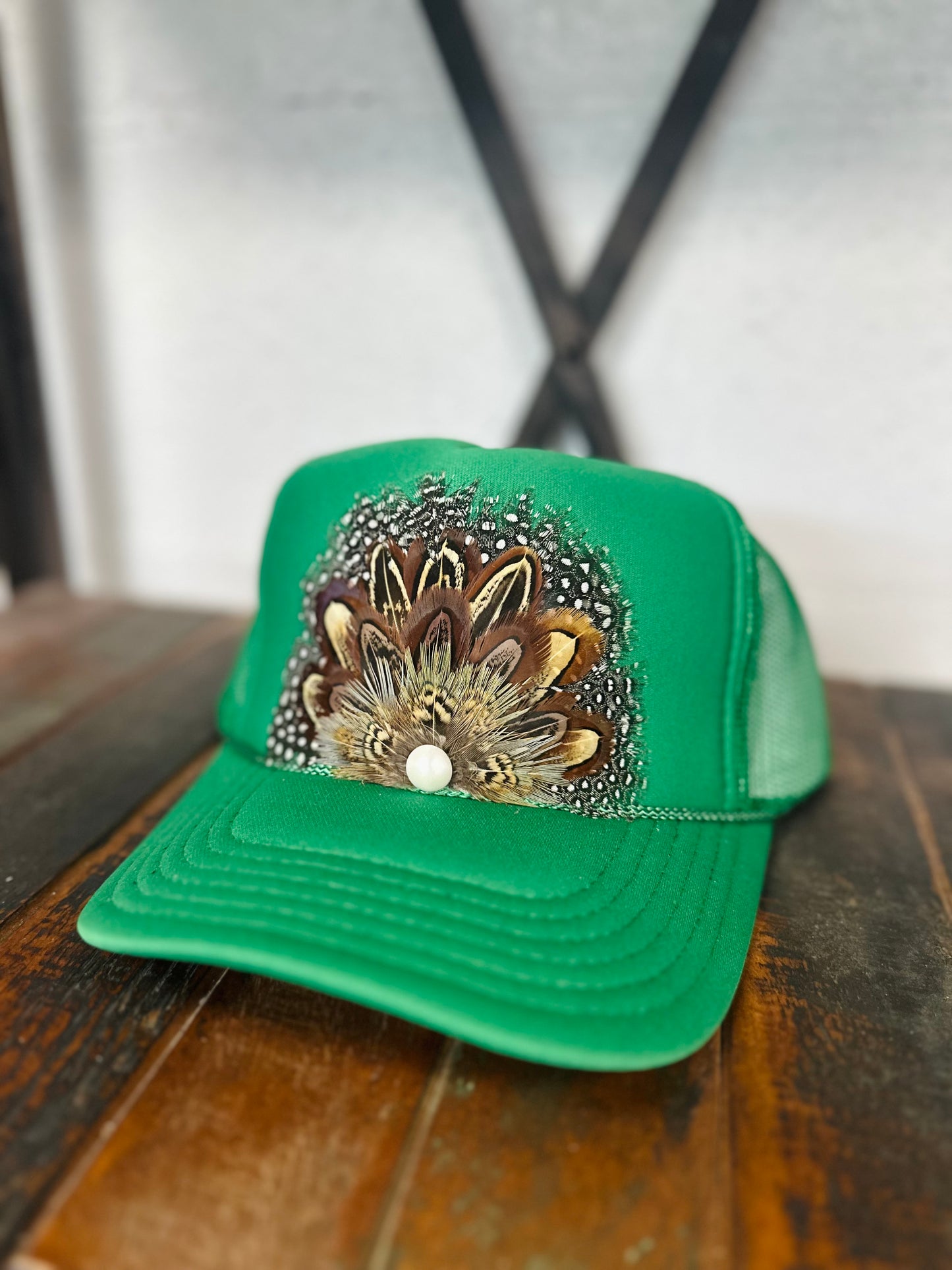 Green Feather + Pearl Trucker Hat