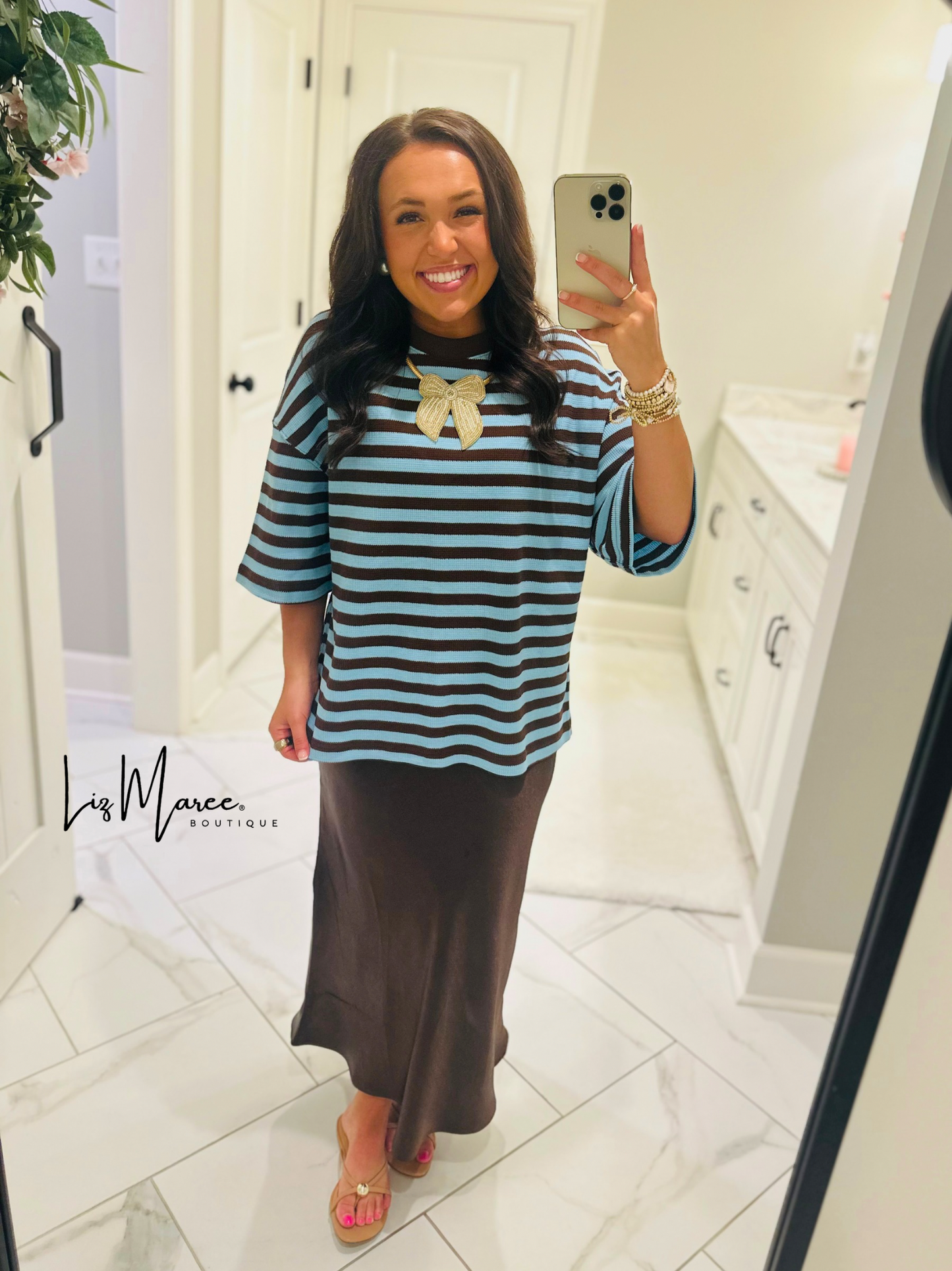 The Everly Blue + Brown Striped Knit Top