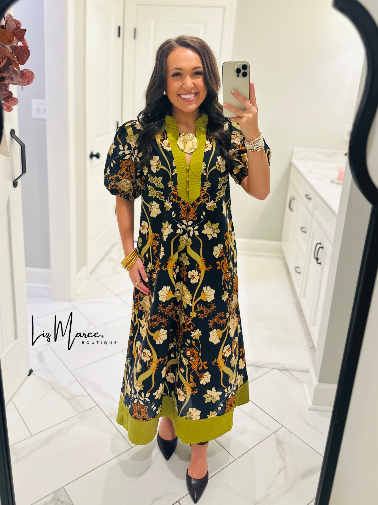 The Francesca Black + Olive Green Floral Midi Dress