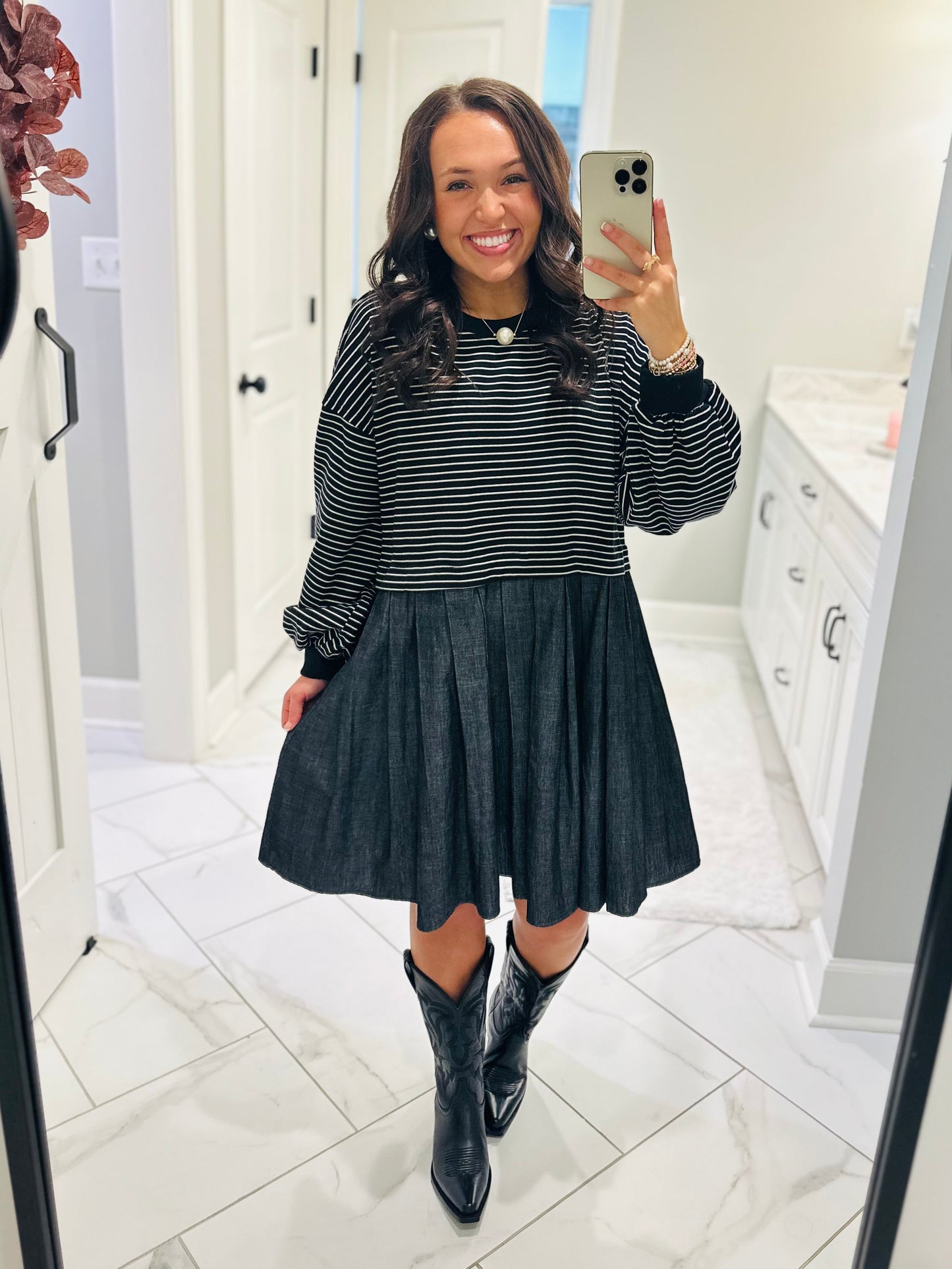 The Ella Long Sleeve Pleated Dress - Black / Denim