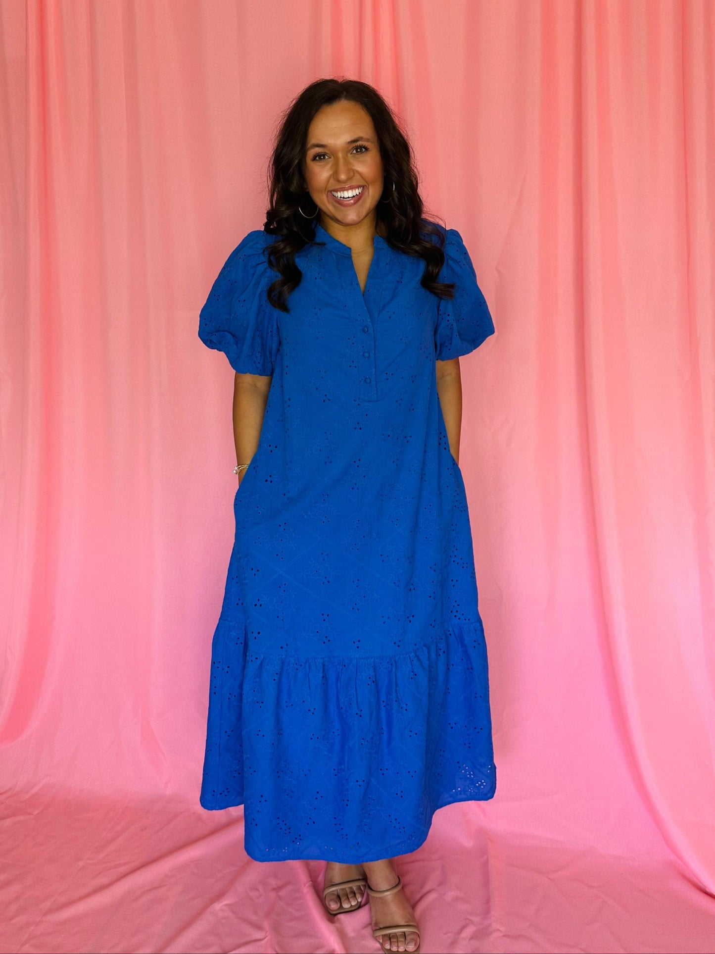 The Willa Blue Eyelet Midi Dress