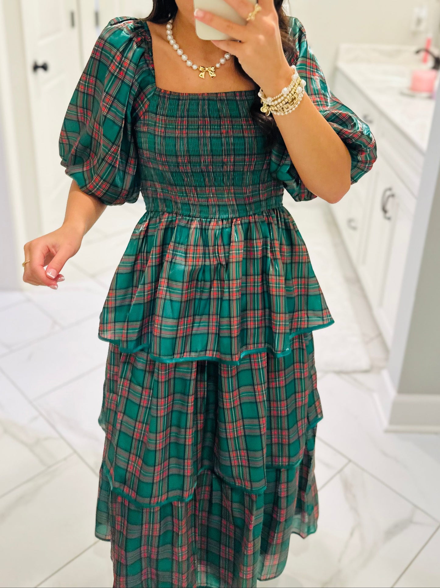 The Holly Green Christmas Plaid Tiered Midi Dress