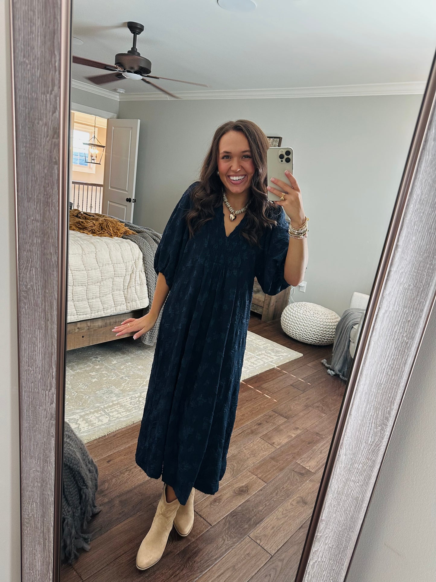 The Mina Navy Textured Midi Dress