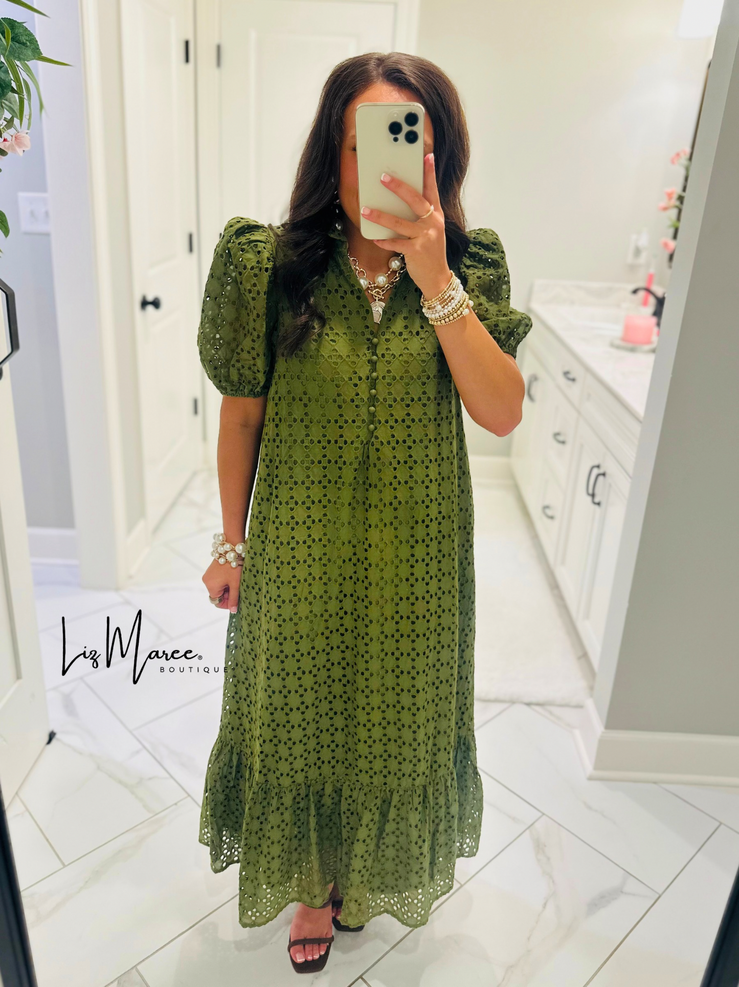 The Liz Olive Green Eyelet Midi Dress