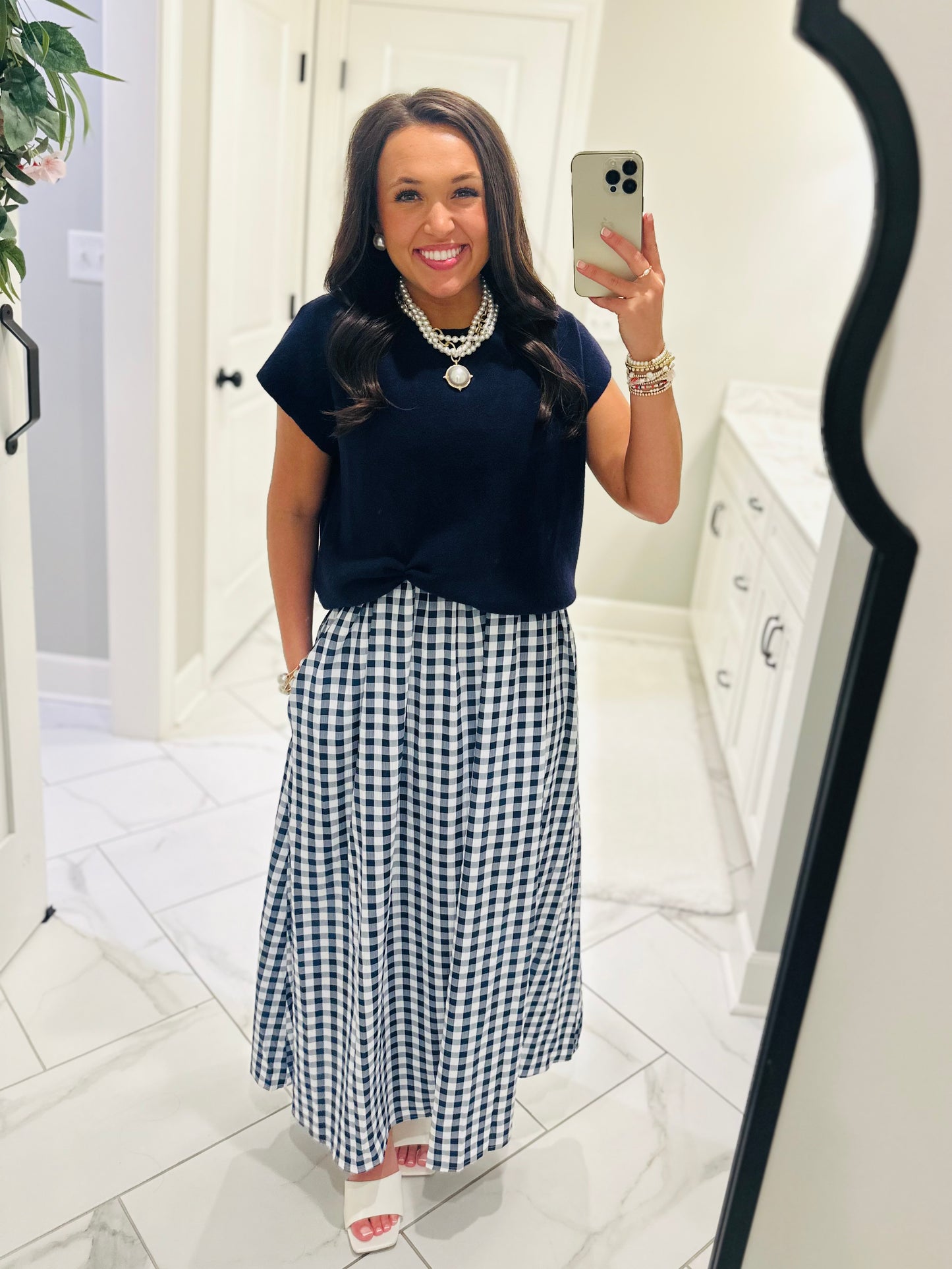 The Chloe Navy Layered Gingham Midi Dress