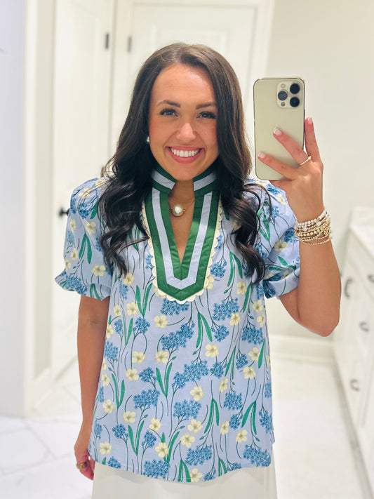 The Poppy Blue Floral Scallop Trim Top