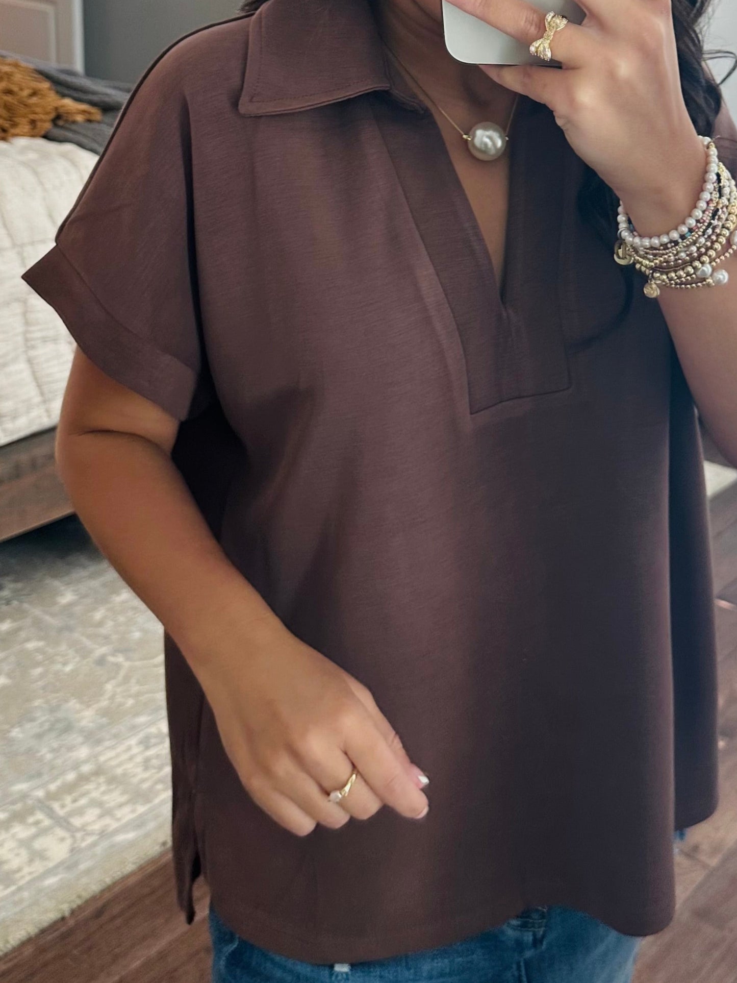 The Tatum Coffee V-Neck Top