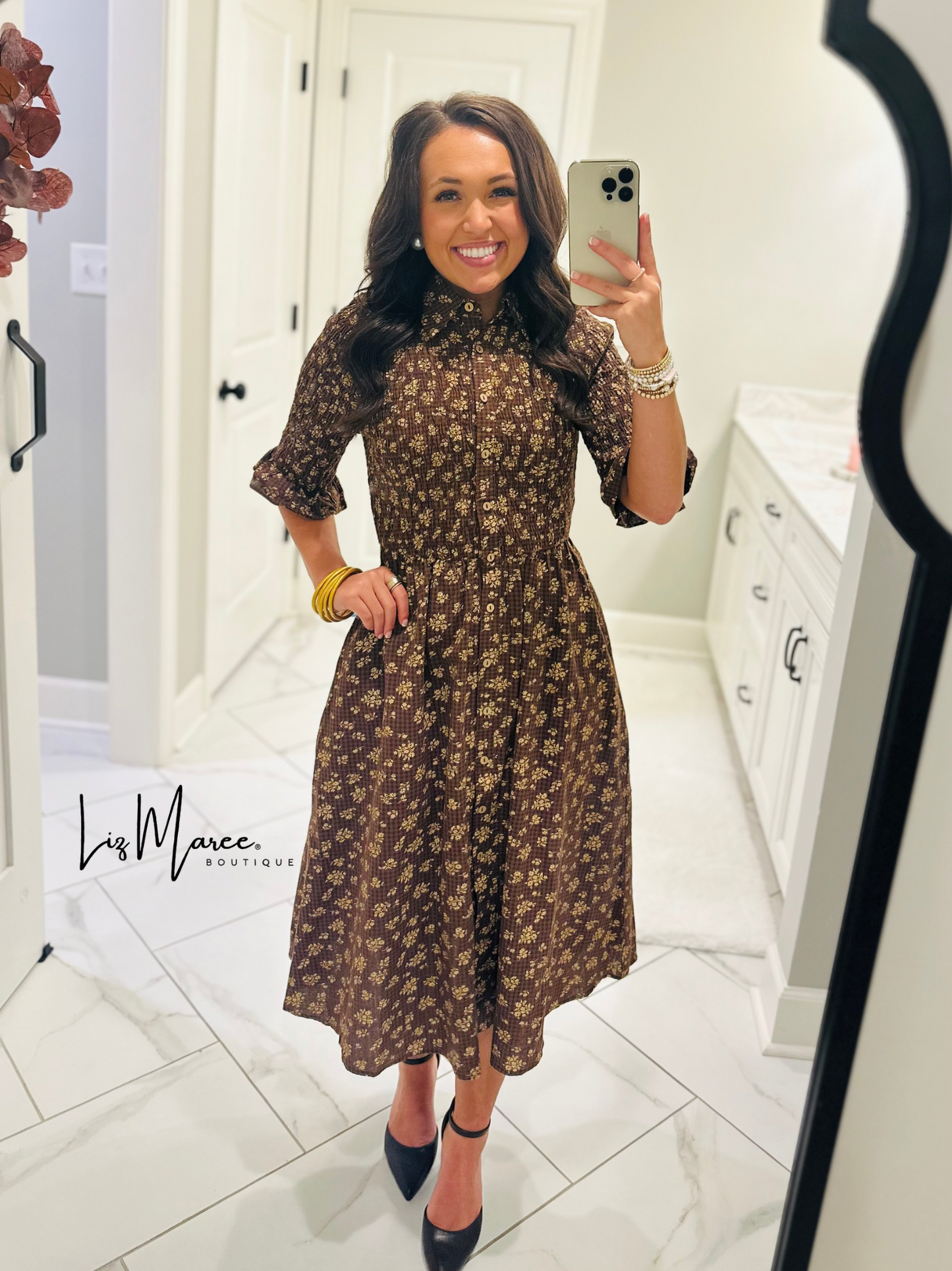 The Lara Mocha Brown Floral Midi Dress