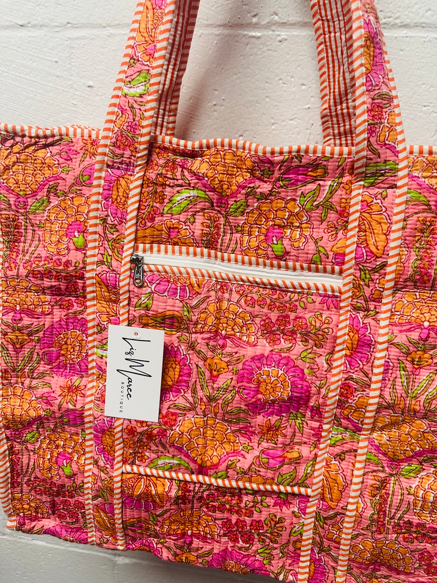 The Orange + Pink Oasis Floral Quilted Tote Bag