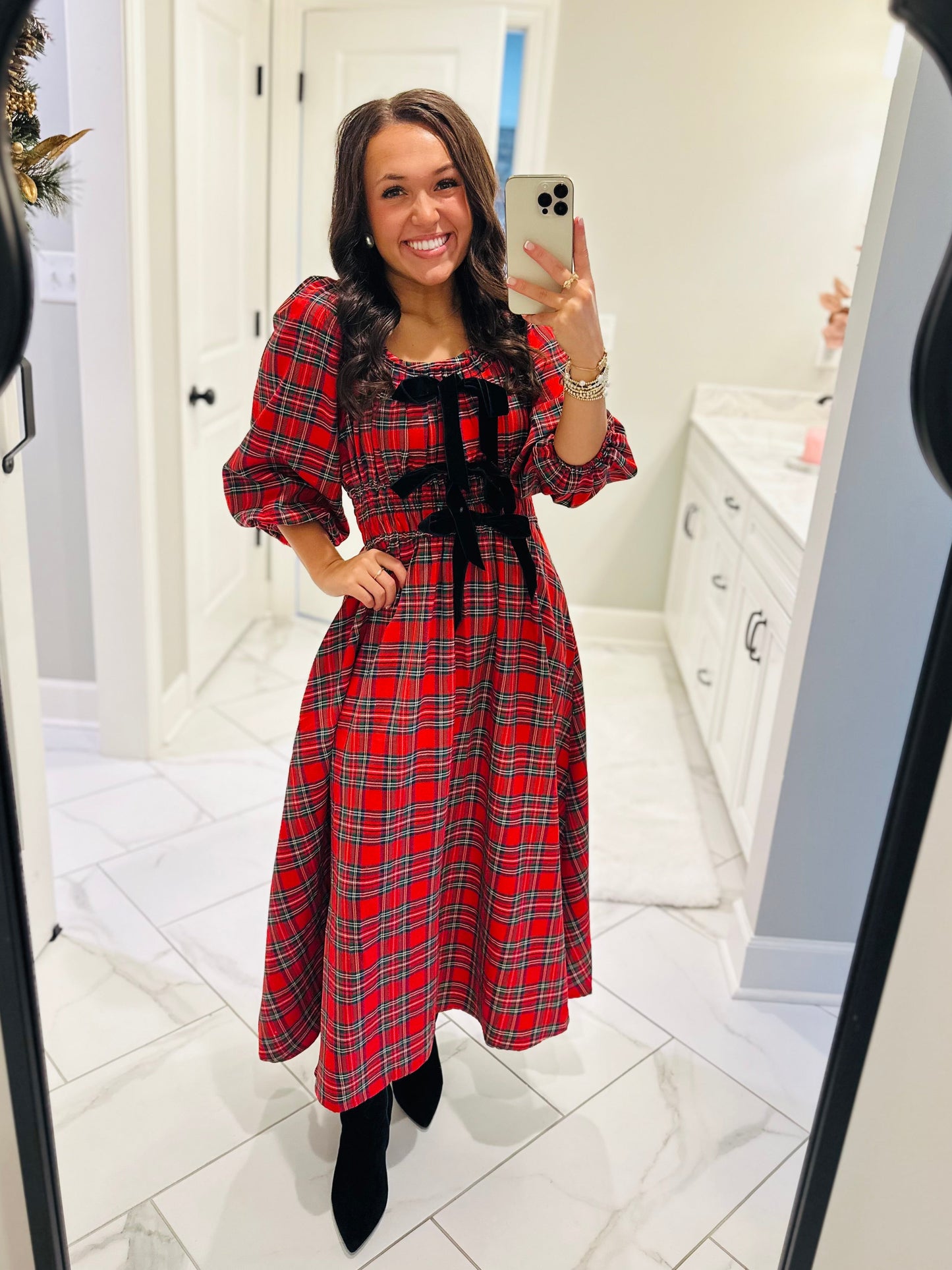 The Eve Red Holiday Plaid Bow Midi Dress