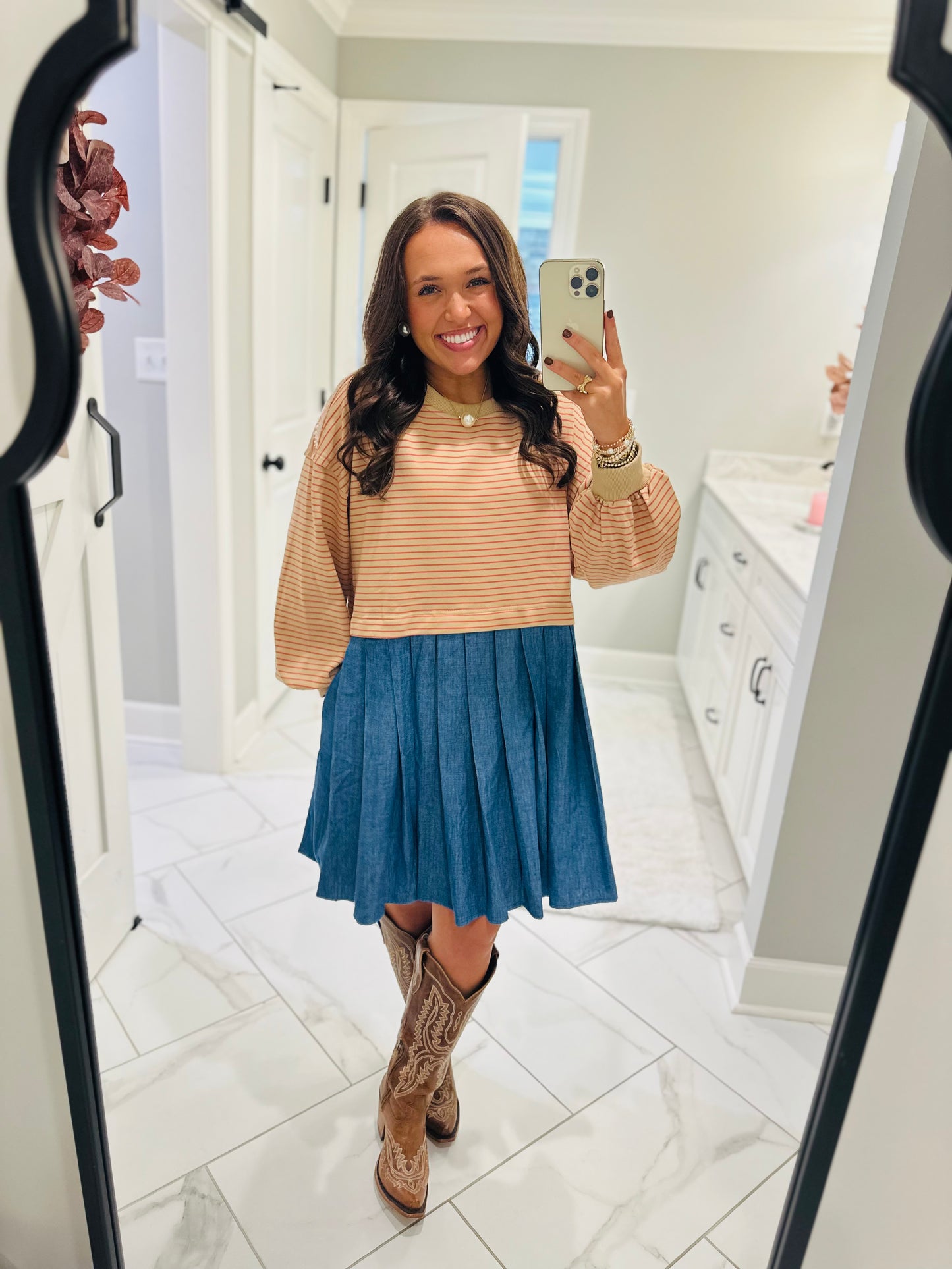 The Ella Long Sleeve Pleated Dress - Taupe / Denim