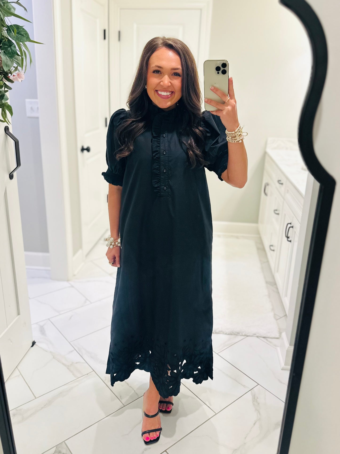 The Blakeley Black Embroidered Scallop Midi Dress