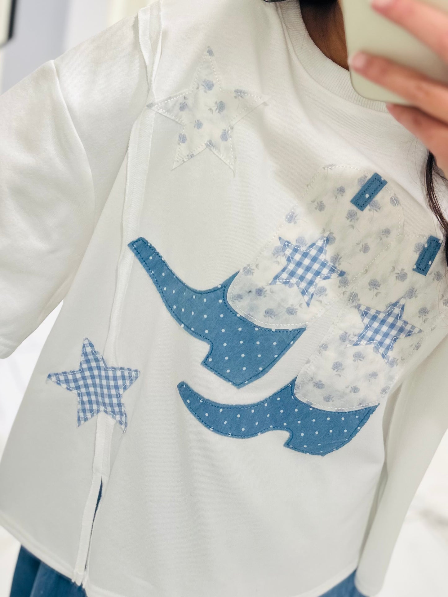 The Blaire Blue Cowboy Boot Star Patchwork Tee
