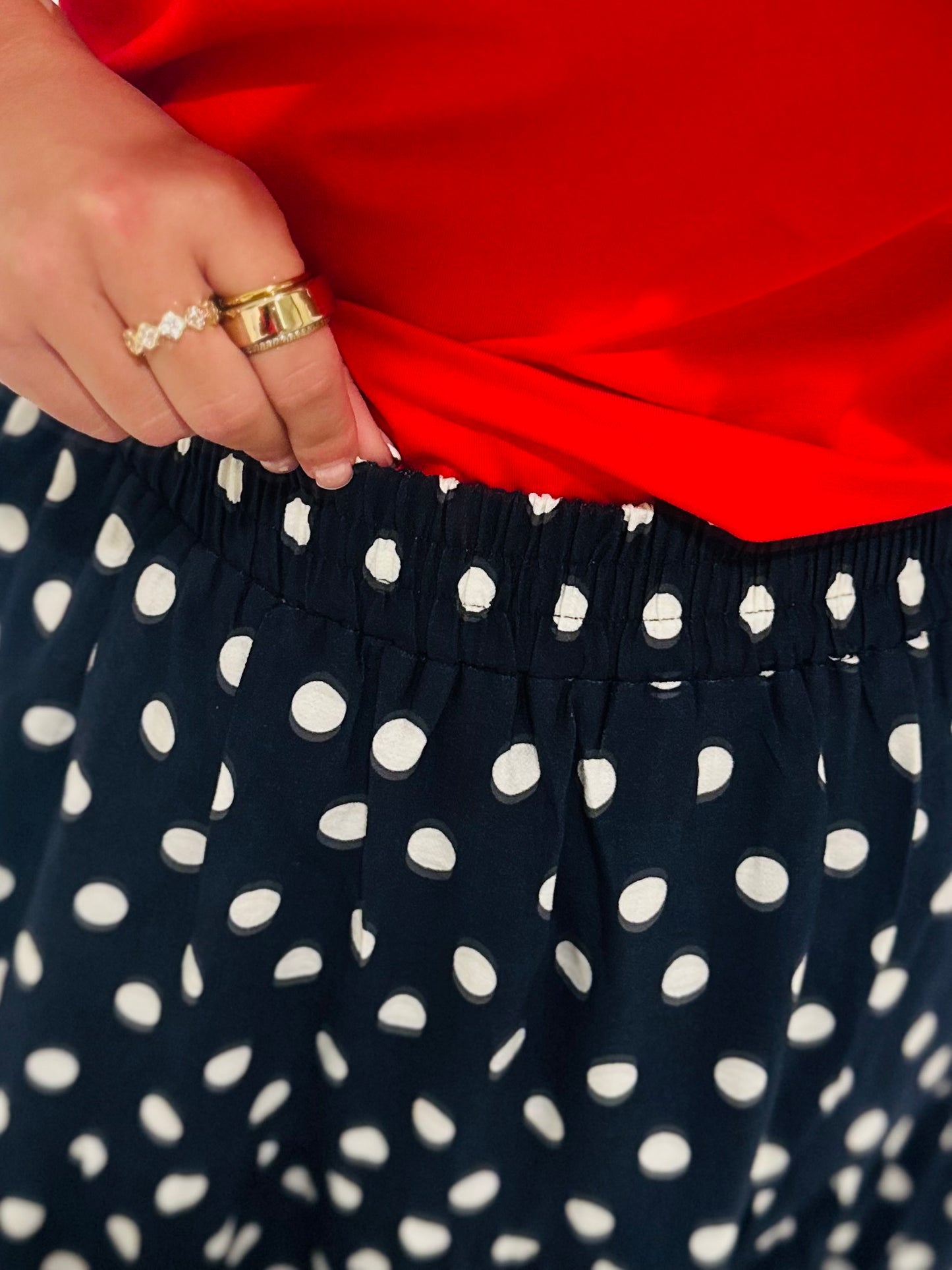 The Nanci Navy Polka Dot Tiered Midi Skirt