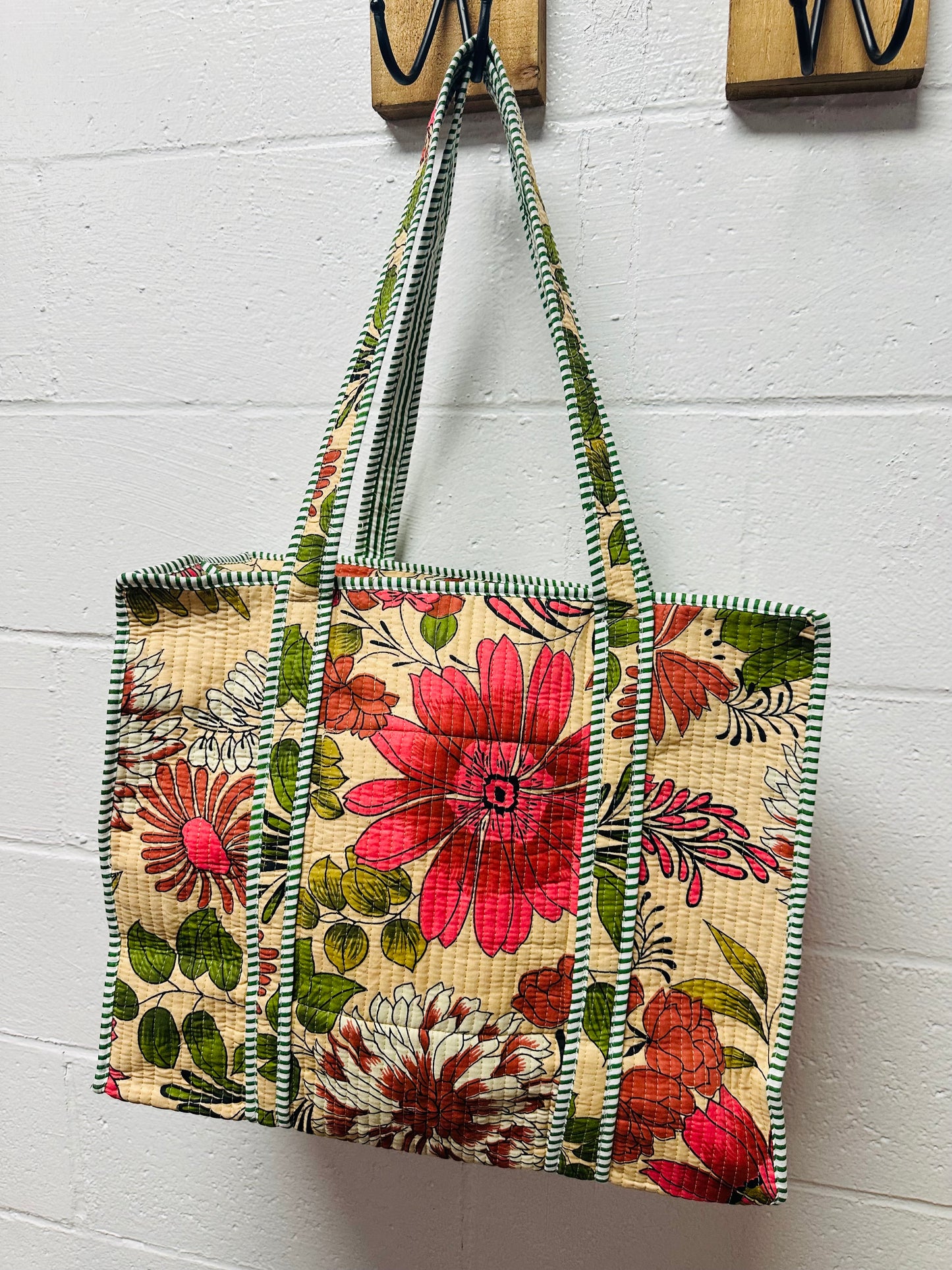 The Beige Cream Flower Power Quilted Tote Bag