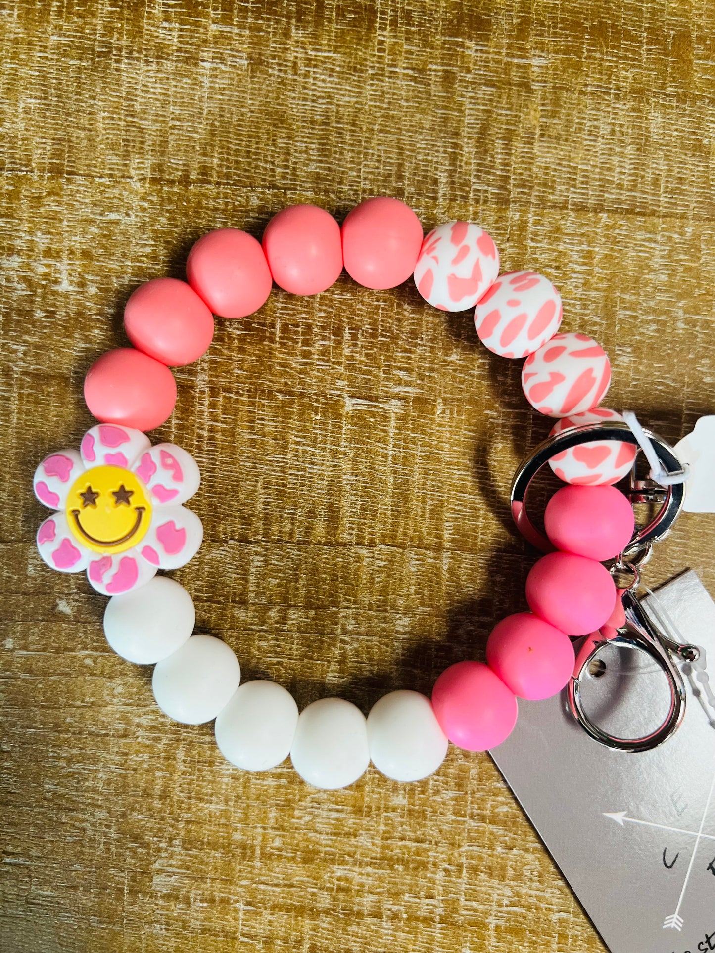 Pink Flower Beaded Keychain